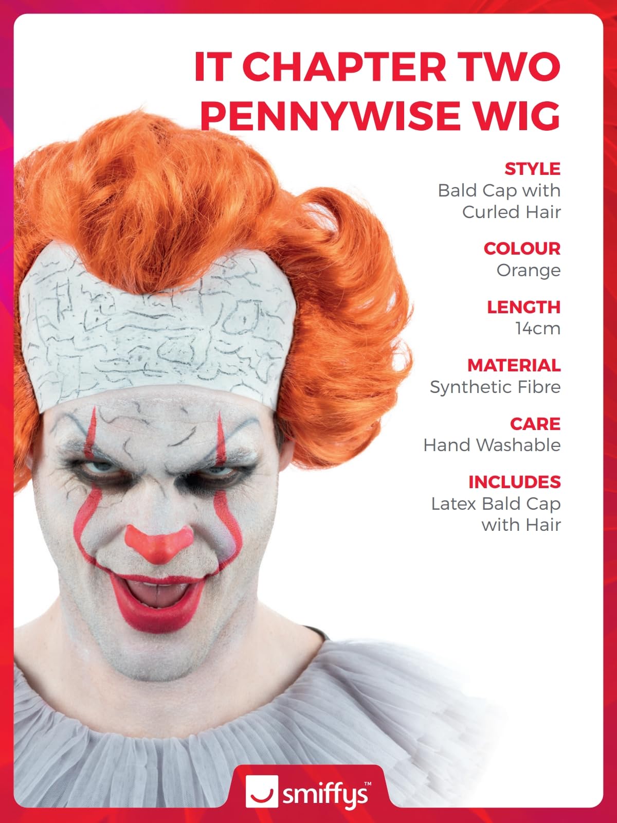 Smiffys IT Chapter 2, parrucca Pennywise, con testa calva in lattice Halloween