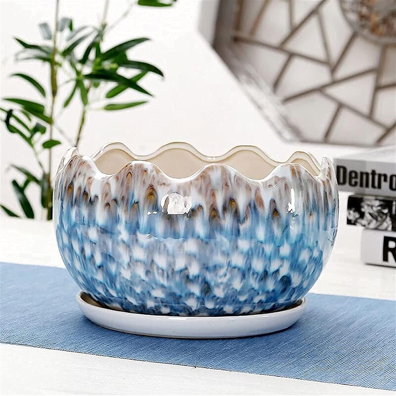 Vaso da fiori moderno e creativo in ceramica con sottovaso e foro di drenaggio, ideale per piante verdi, cactus e altri tipi di piante, perfetto per la decorazione di interni ed esterni (19 * 14,5 c
