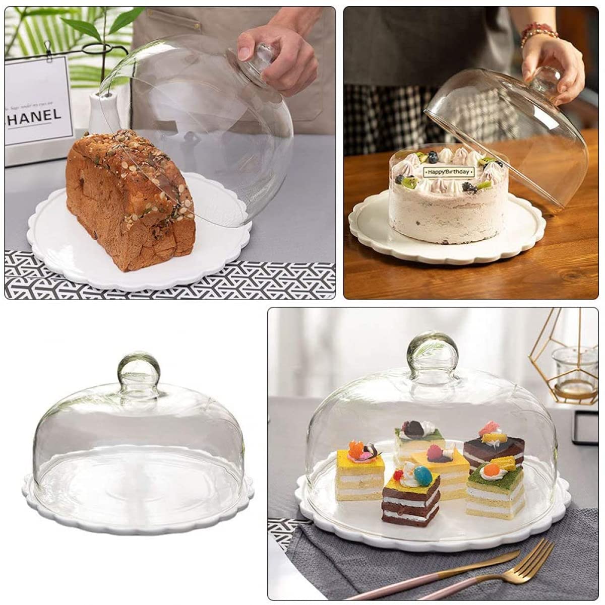 TOPBATHY - Campanella in Vetro Trasparente con Base in bambù, con Manico a Forma di Campana, per Torte, centrotavola da Tavolo, per Dolci e Formaggi, Dolci