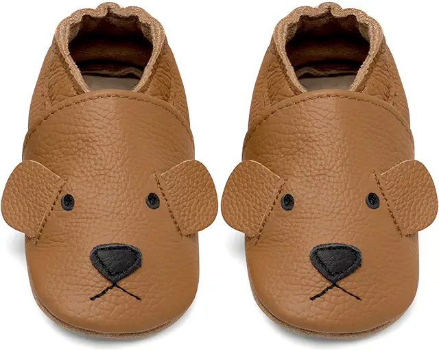 Baby Shoes: Soft Leather Non-Slip Suede Sole Turmeric Bear - Wollen Slofjes