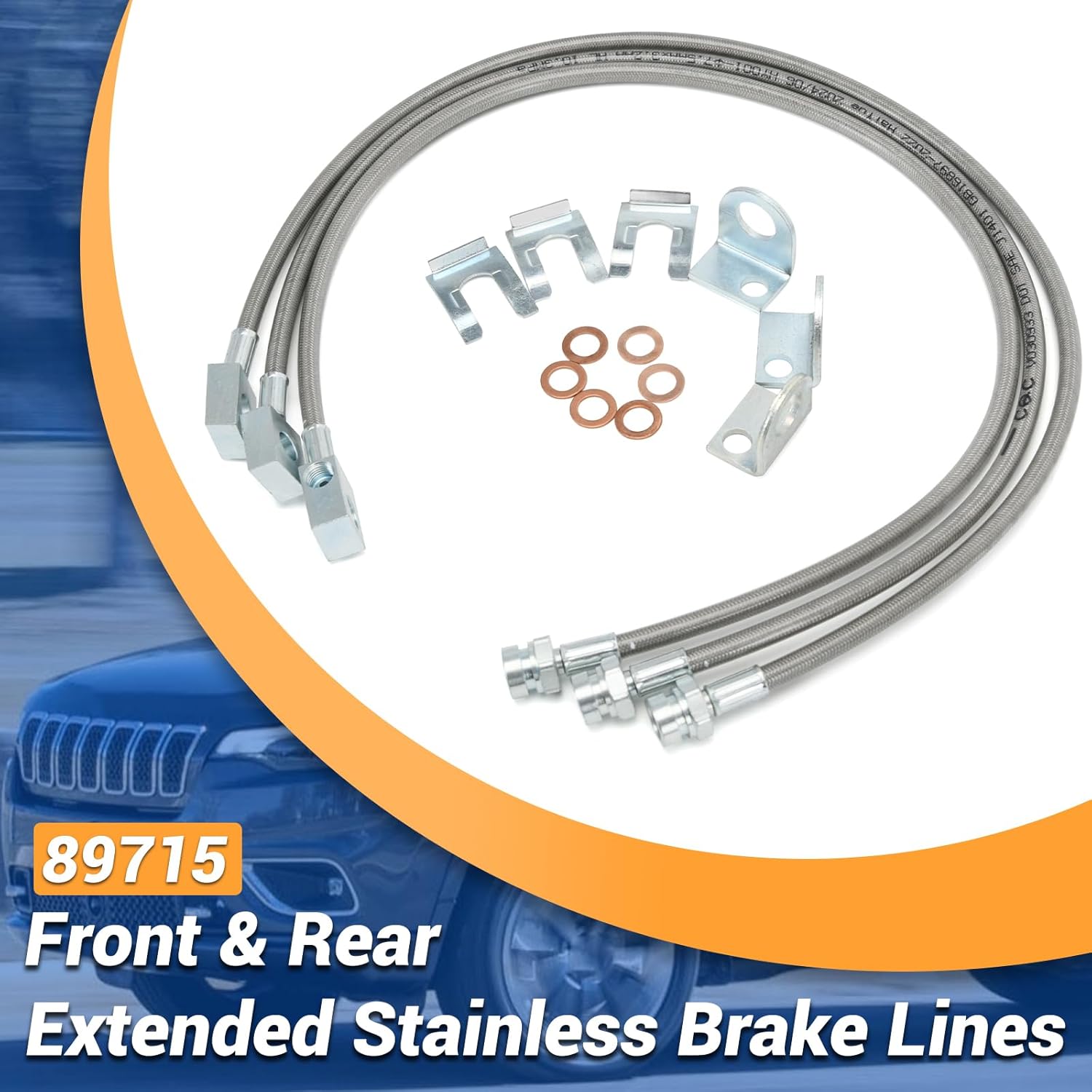 89715 Stainless Brake Lines, Front and Rear Extended Brake Lines (89702 & 89703) Compatible with Jeep Wrangler YJ TJ Rubicon 1987-2006, Jeep Cherokee XJ 1984-2001 for 4-6" Lift