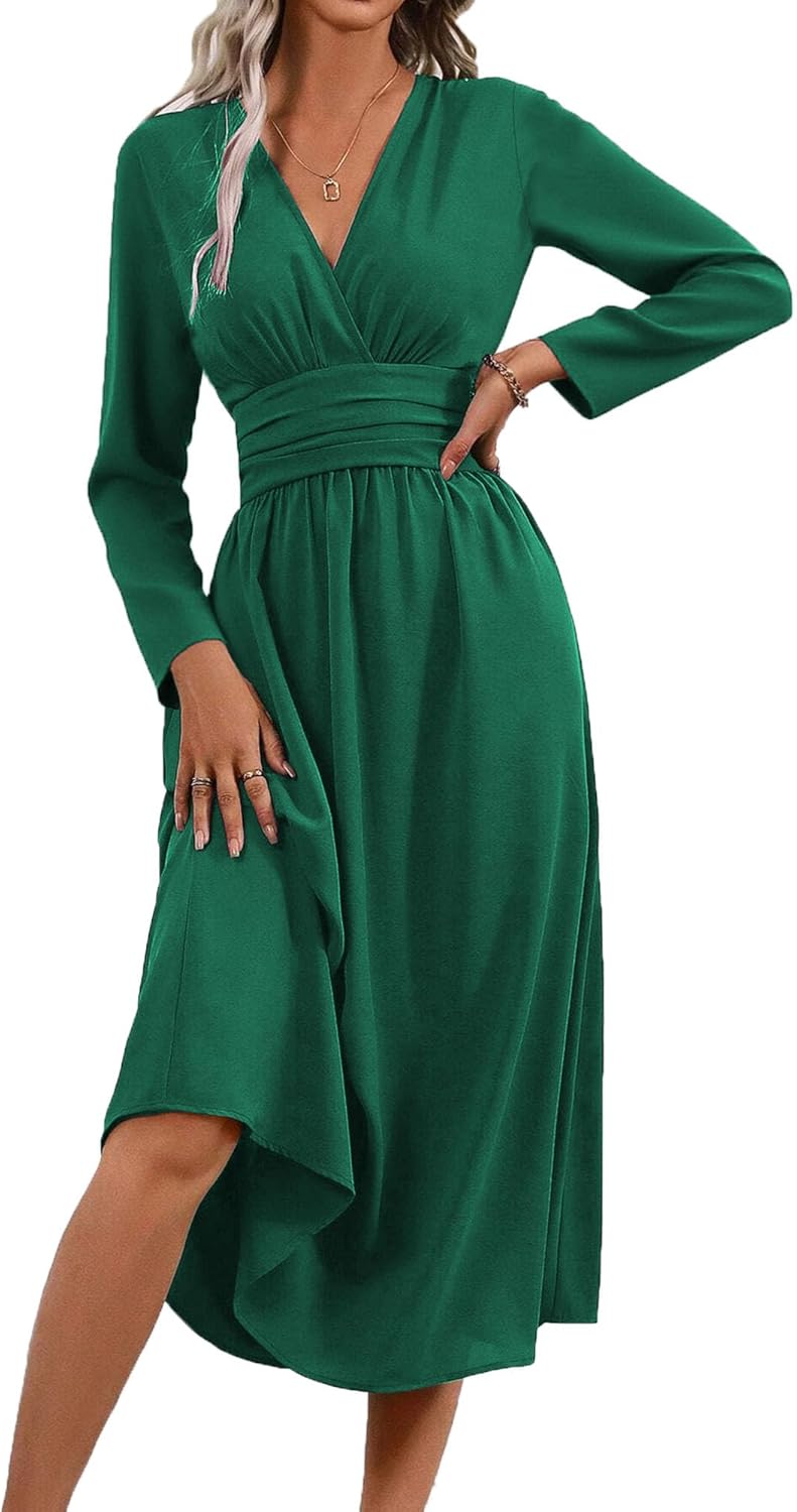 QUNERY Zomerjurk voor dames, lang, eenvoudig kleurontwerp, korte/lange mouwen, elegant, overlappend, V-hals, tailleplooien, maxi-jurk, casual jurk, casual strandjurk, B-Zwart, S