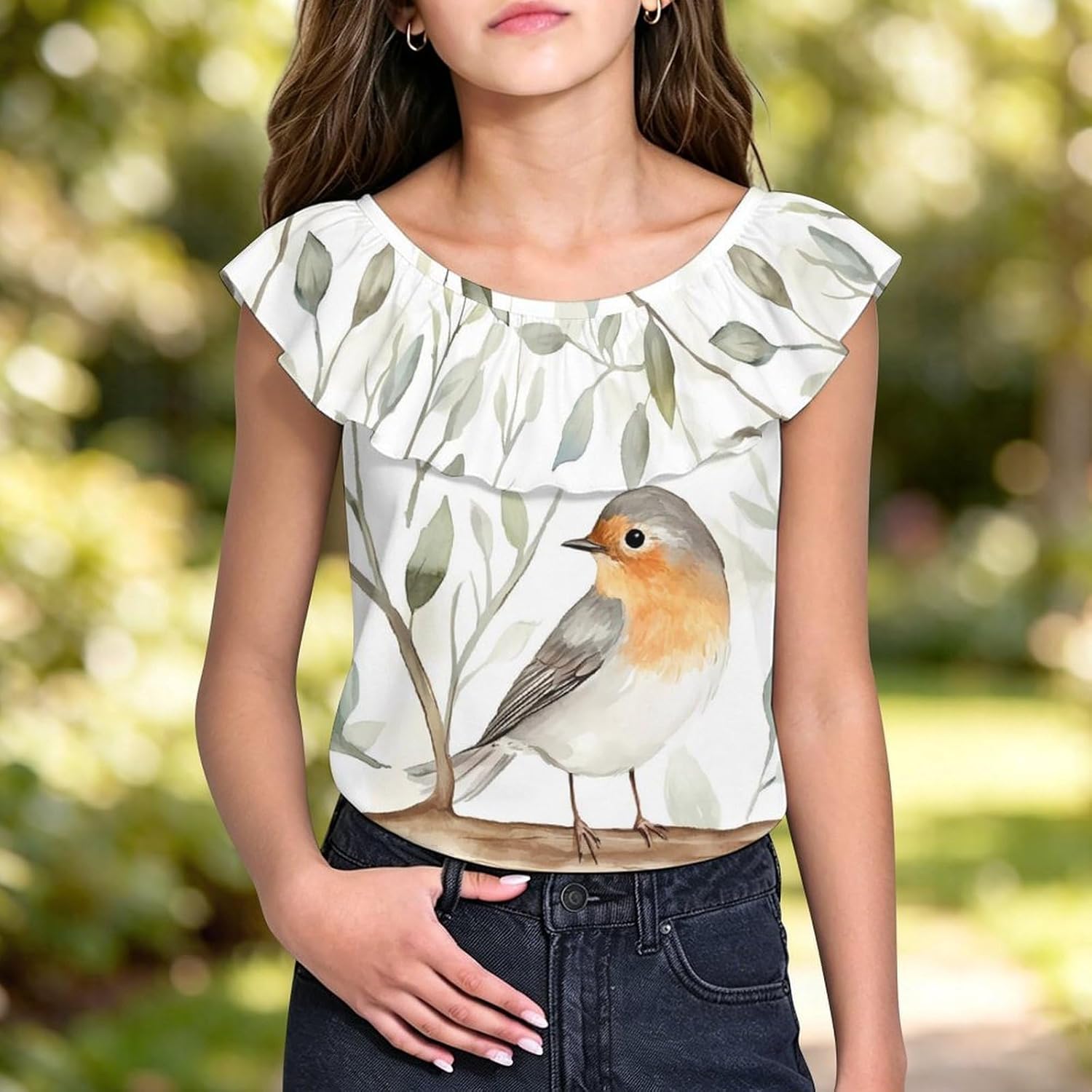Robin Bird On Woods Girls T-Shirts Top Ruffle Short Sleeve Blouse Casual Graphic Tees