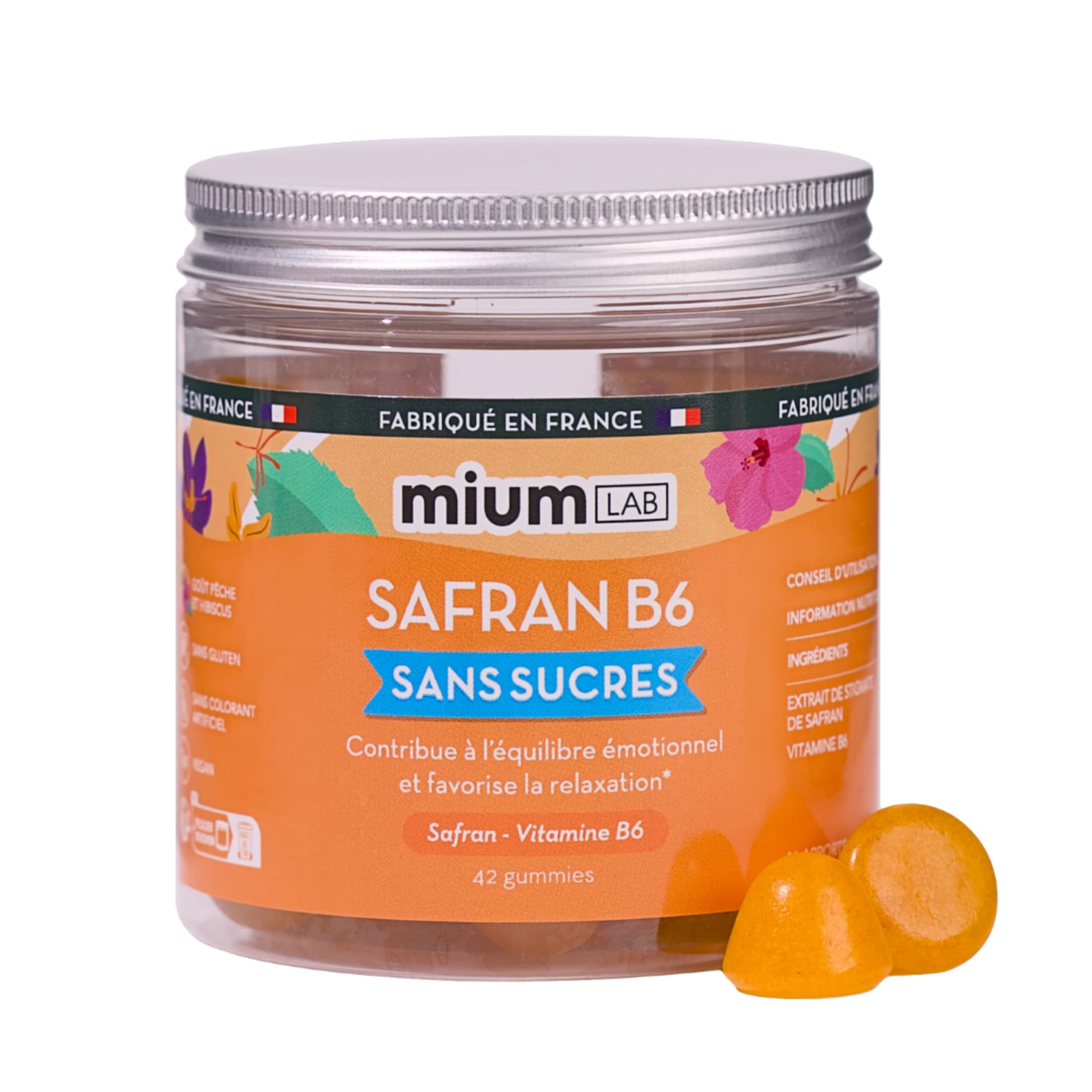 Mium Lab Gummies Safran & Vit B6 Hautement Dosé - Anti-Stress Enfants et Adultes - Sans Sucres - Fabriqué en France