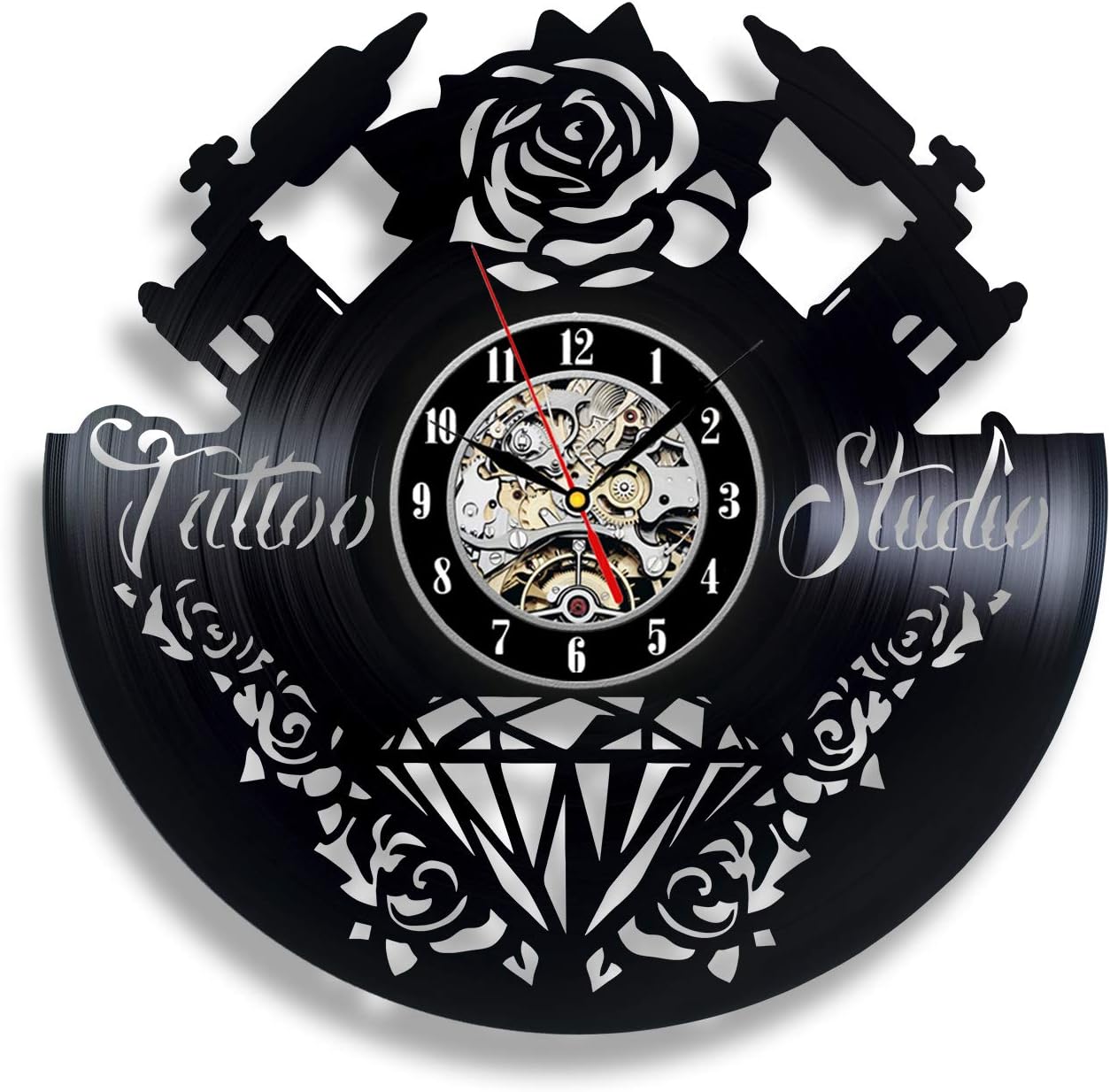Handmade Solutions EU Tattoo Studio Logo Sign - 12" Vinyl Record Wall Clock - Vintage Rose and Jewel Decor