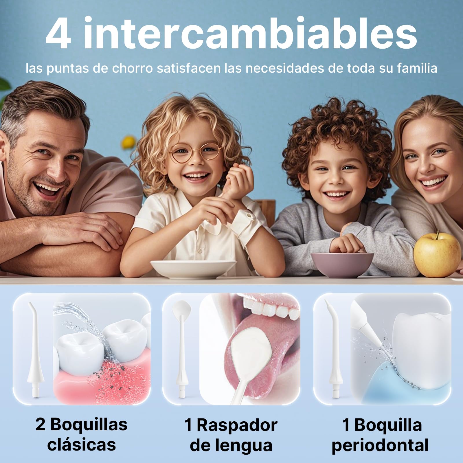 TUREWELL Irrigador Bucal Portatil de 310 ML con 5 Modos, 4 Boquillas, Irrigador Dental Recargable IPX7 Impermeable al Agua para el Hogar y Los Viajes, Mejora la Salud Dental