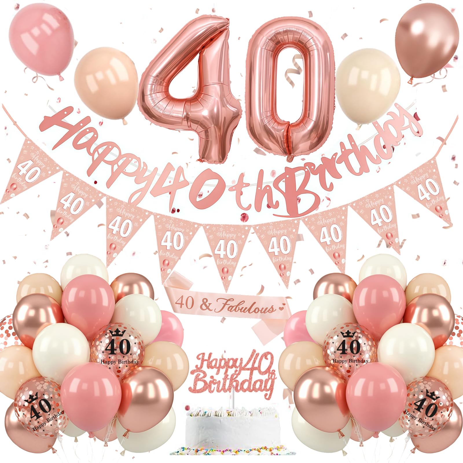 Balloon 40th Birthday Decoration Rose Gold, 40th Birthday Decoration Set Pink White, 40th Birthday Decorations, Number 40 Balloons with Banner Cake Topper for Women, 40th Birthday Party Decoration
