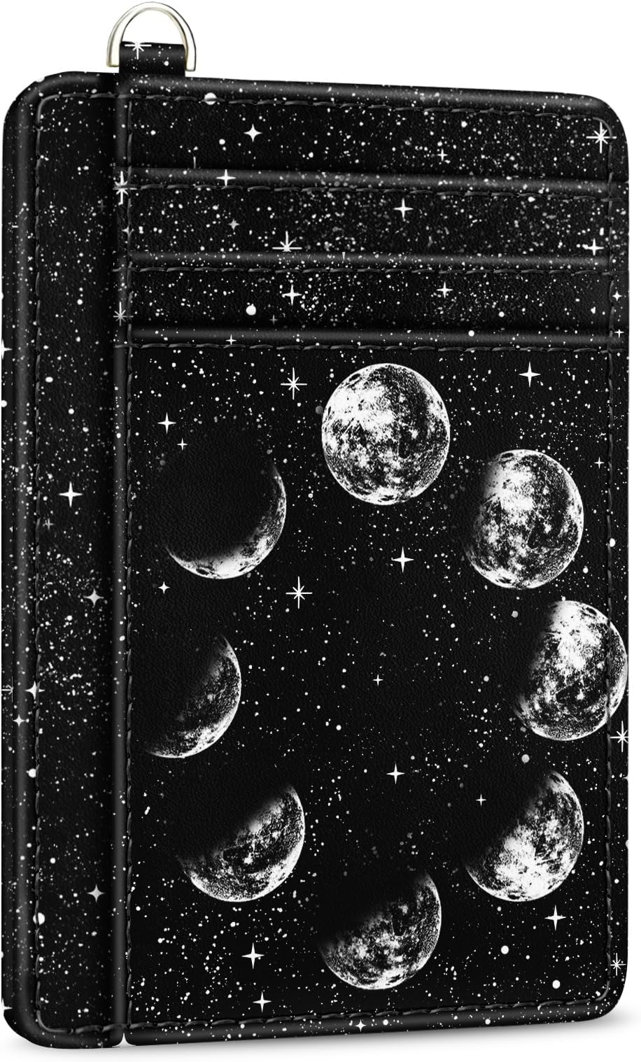 Credit Card Holder Slim Wallet, Moon Lunar Black RFID Wallet Women Front Pocket Small Card Holder, Travel Cute Funny Thin Card Case ID Window PU Leather RFID Blocking Card Organizer Gifts