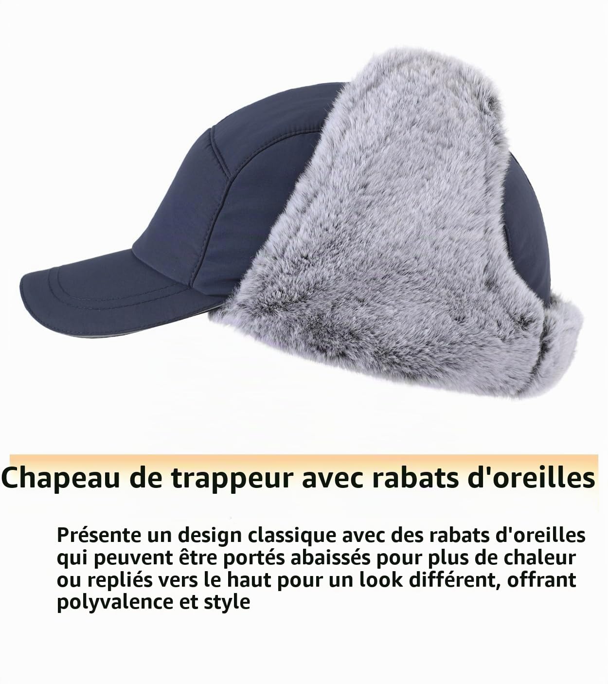 Chapeaux d'hiver chauds pour homme avec cache-oreilles - Chapeau de trappeur hydrofuge - Casquette de baseball réfléchissante