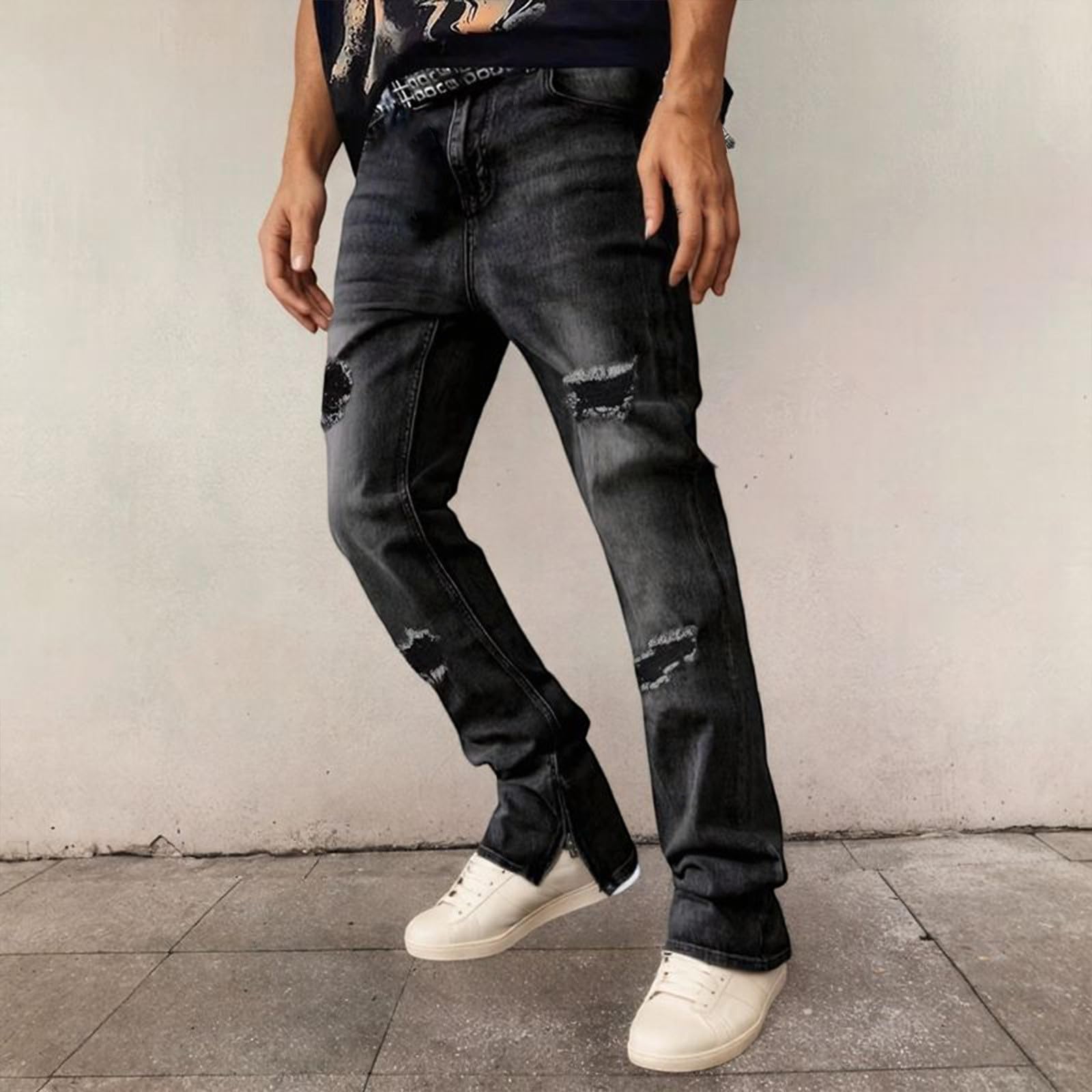 Jeans da uomo svasati, stile patchwork, taglio bootcut, strappati, in denim, con tasche laterali, casual, strappati, skinny, streetwear, vestibilità regolare, elasticizzati
