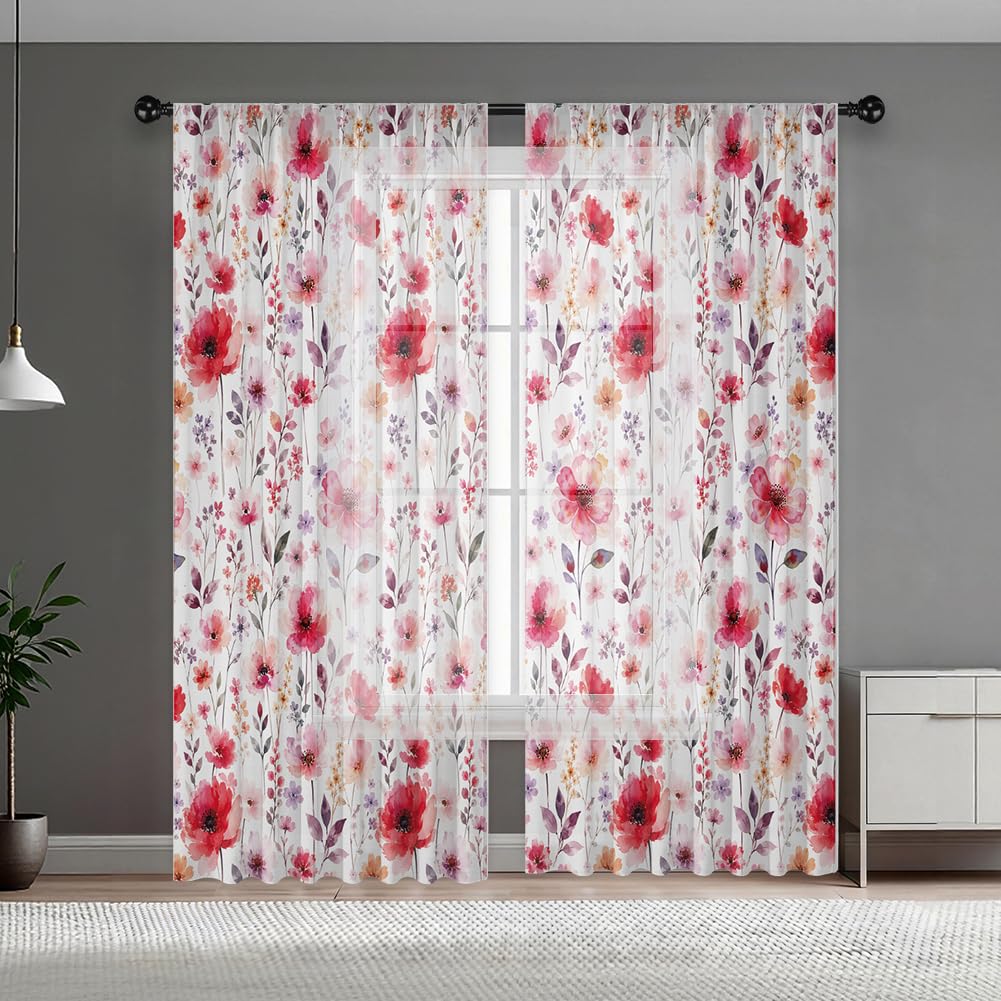 DOODLREAM Watercolor Red Floral Sheer Curtains 132 x 213 cm