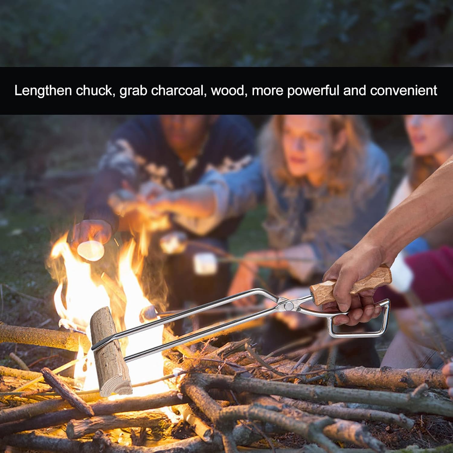 Fireplace Tongs, Heavy Duty Stainless Steel Log Grabber with Beech Wood Handle, Fire Pit Tongs for Outdoor, Barbecue, Wood Stove, Coal Stove