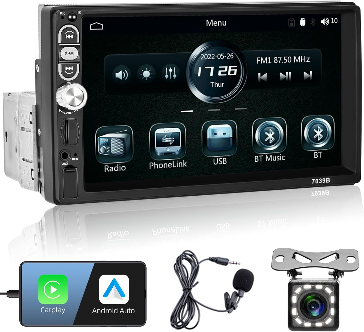 Apple Carplay Single Din Car Stereo, 7 Inch Touch Screen