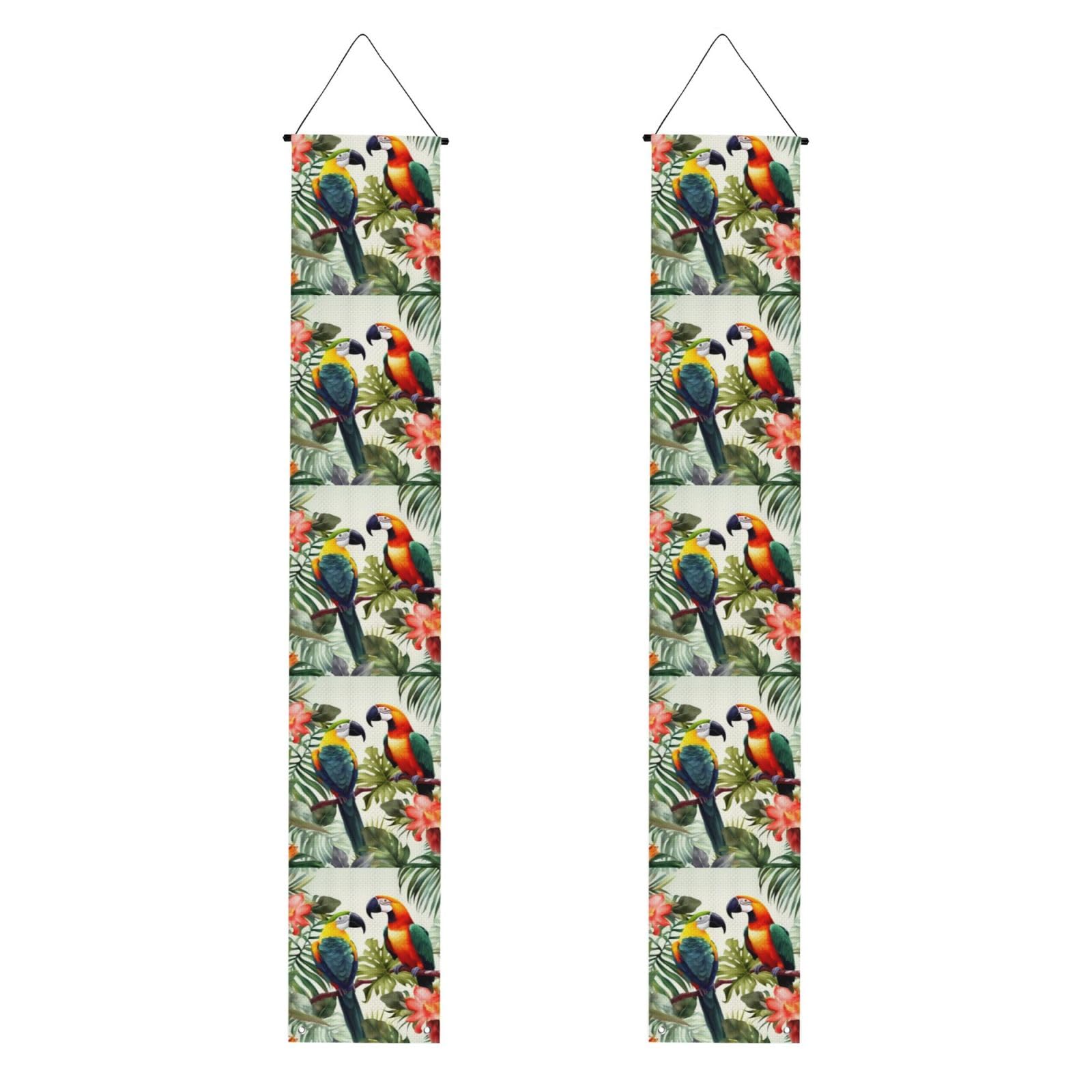 Toucans Parrot palm tree leaves Porch Banner 2PCS, Summer Hanging Flag Party Porch Sign Front Door Hanging Decorations for Indoor Outdoor Holiday Yard Decor Wall Backdrop 71 x 12 Inch