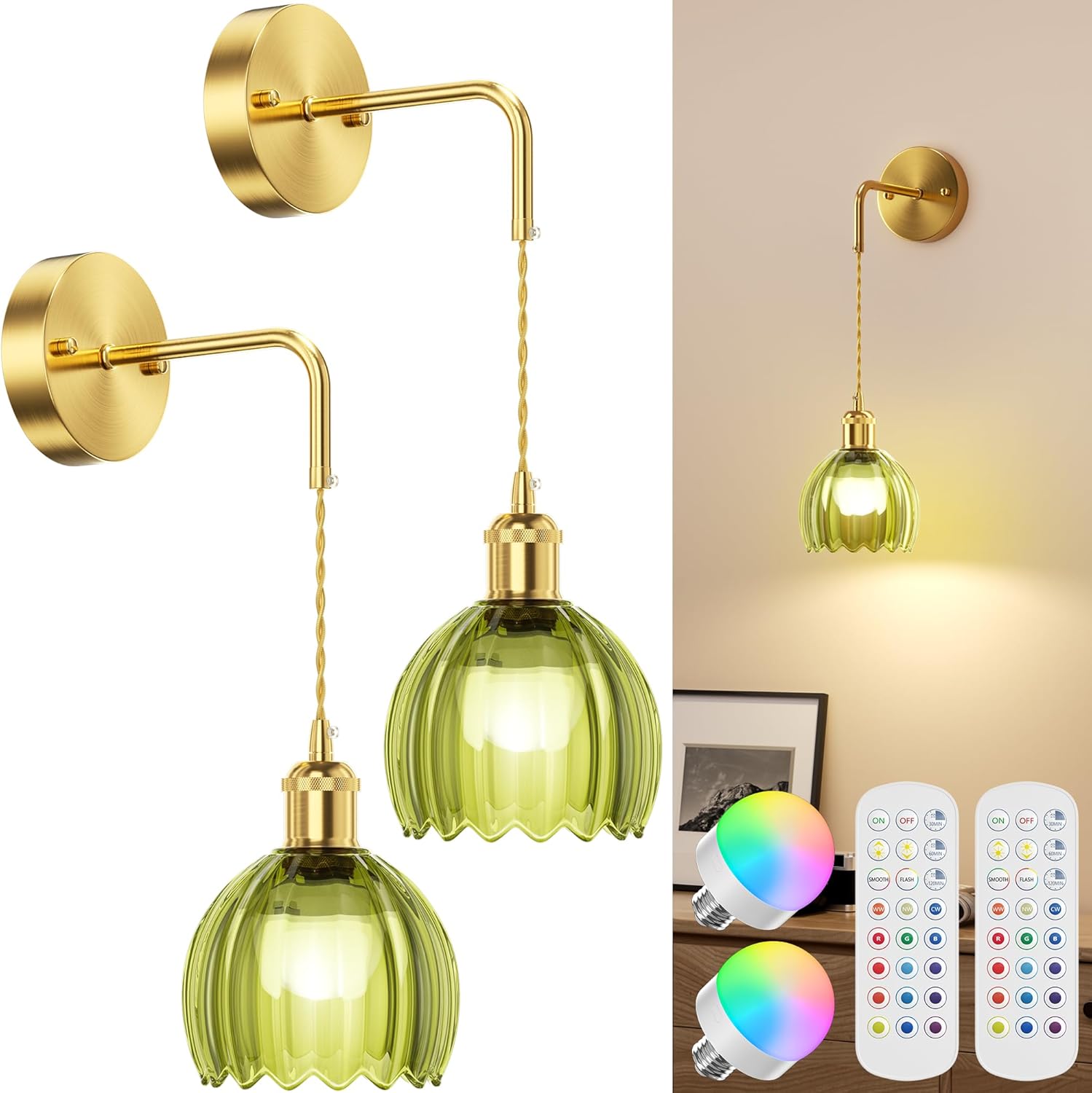 Rechargeable RGB Bulb Wireless Wall Sconce With Remote Control Battery Operated Vintage Green Glass Tulip Lampshade Wall Light Dimmable Cordless Indoor Lamp For Bedroom Living Room Decor Set of 2