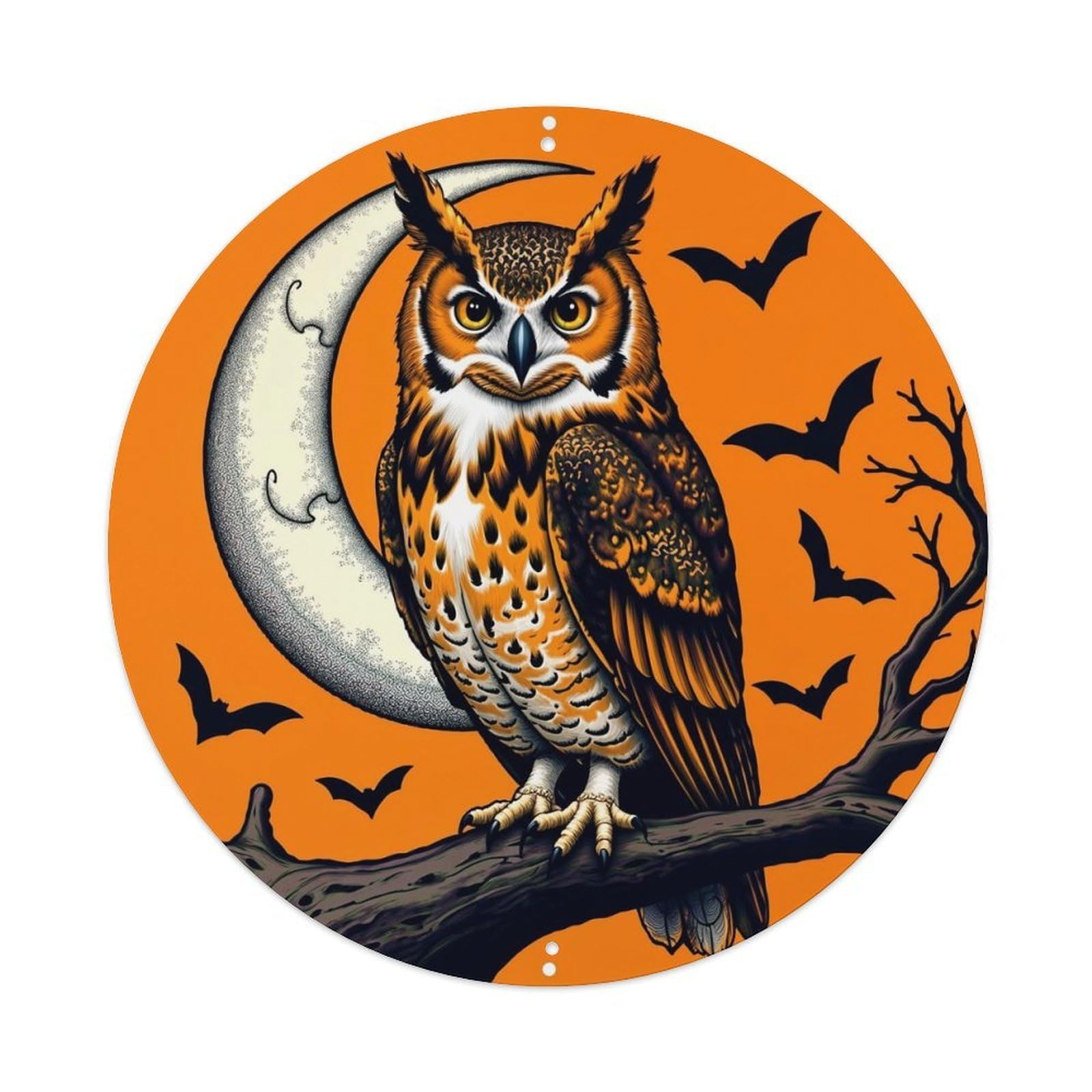 Owl Moon Bats Branch Orange Vintage Round Tin Sign Retro Metal Wall Decor Metal Poster, Home Bar Garage Cafe Wall Art Decoration 8x8Inches