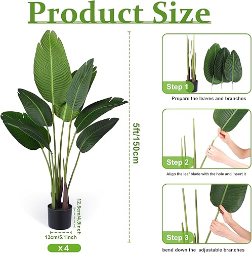 Miniatura 2 de Crowye Paquete de 4 plantas artificiales de aves del paraíso, palma de viajero sintética de 5 pies de alto con 10 hojas, maceta de plástico