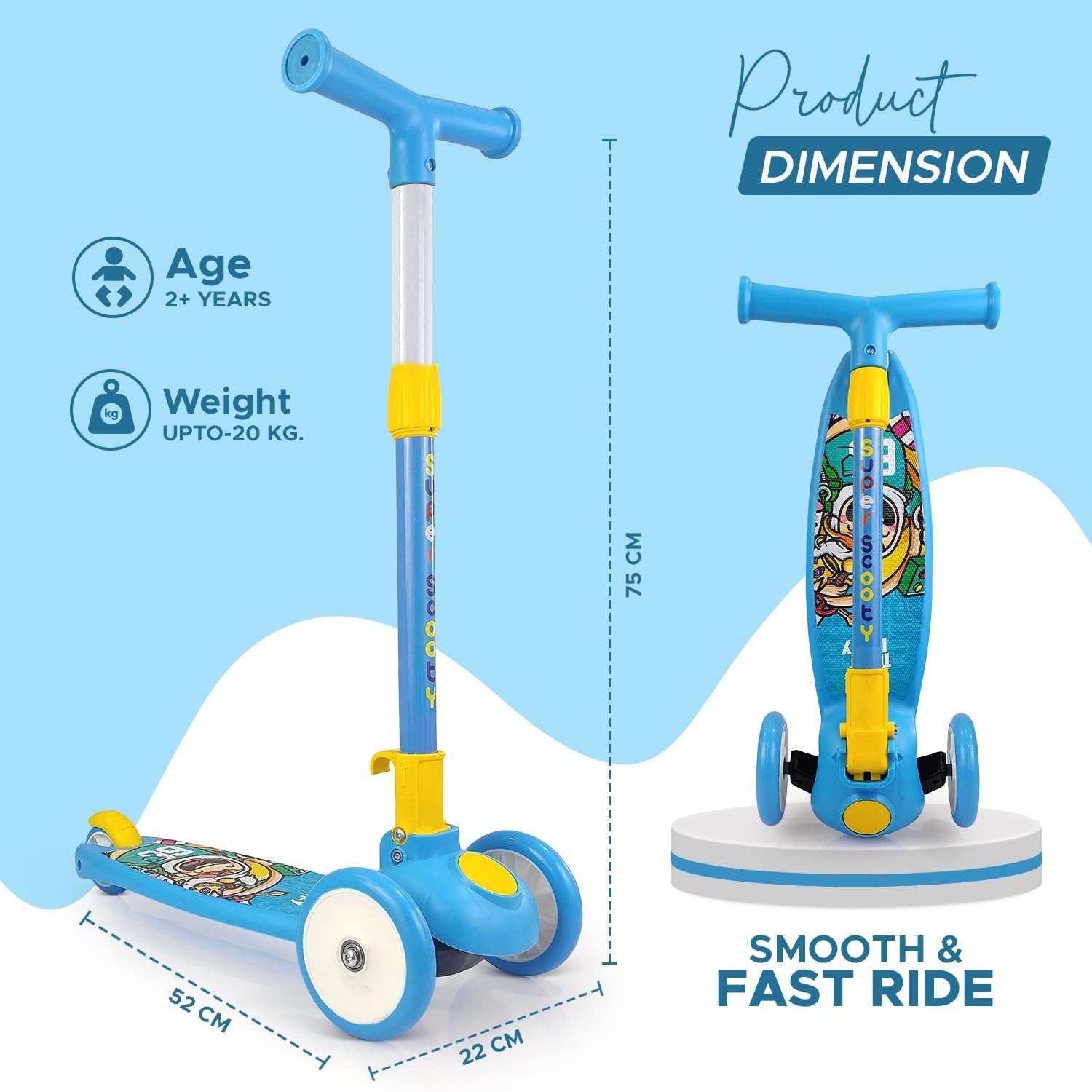 NHR Smart Kick Scooter for Kids, 4 Adjustable Height Scooter, Foldable & Attractive PU Wheels with Rare Brakes for Kids Age Upto 2+ Years (20 kg, Blue) - Image 7 thumbnail