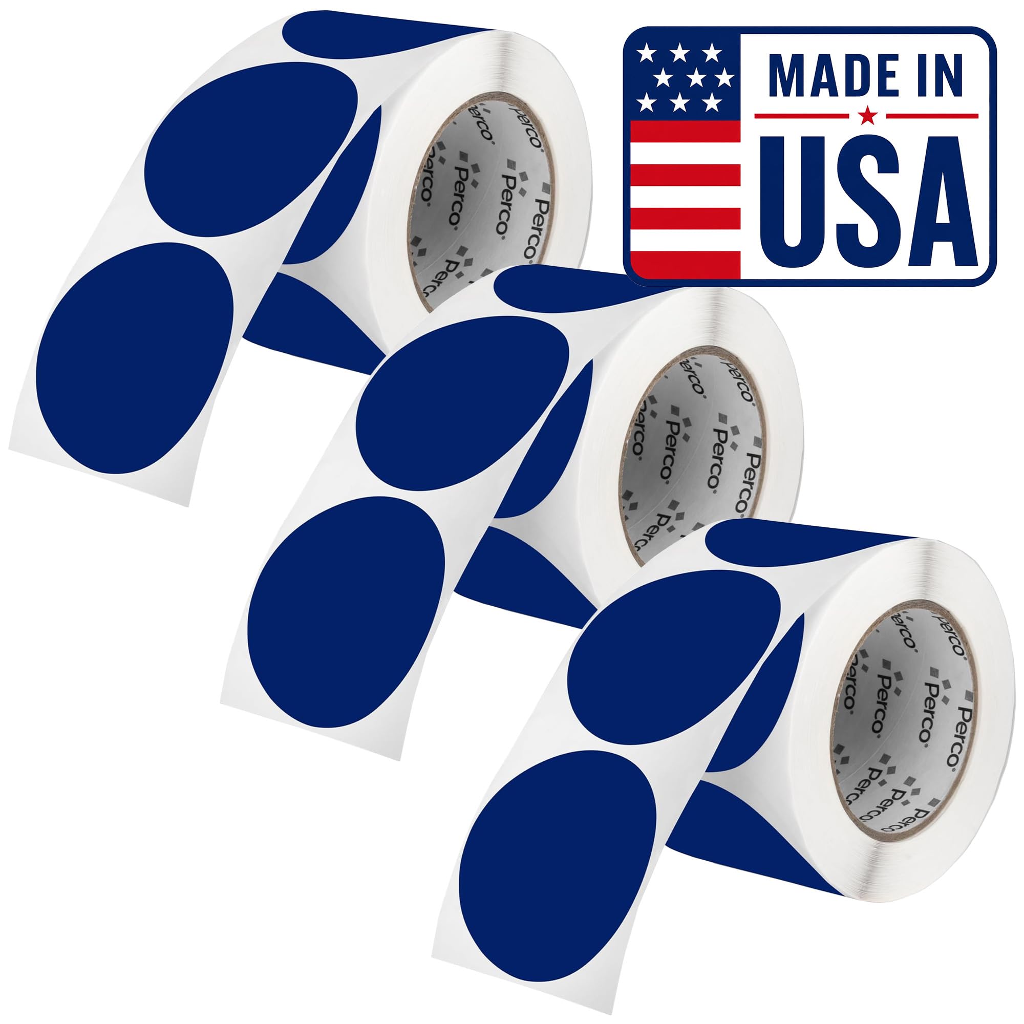 Perco Dark Blue Perforated Round Circle Dot Sticker 3-Inch Labels — 3 Rolls, 1,500 Stickers - Business Logos, Category Labels &amp; Professional Signage, Strong Adhesive - Made in USA