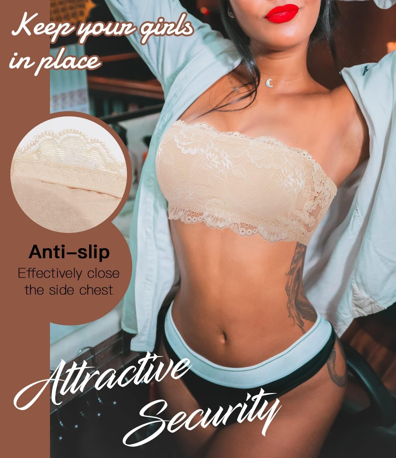 WOWENY Womens Wirefree Lace Bandeau Bra Strapless Tube Top Seamless Wireless Bras Padded Bralette - Image 5