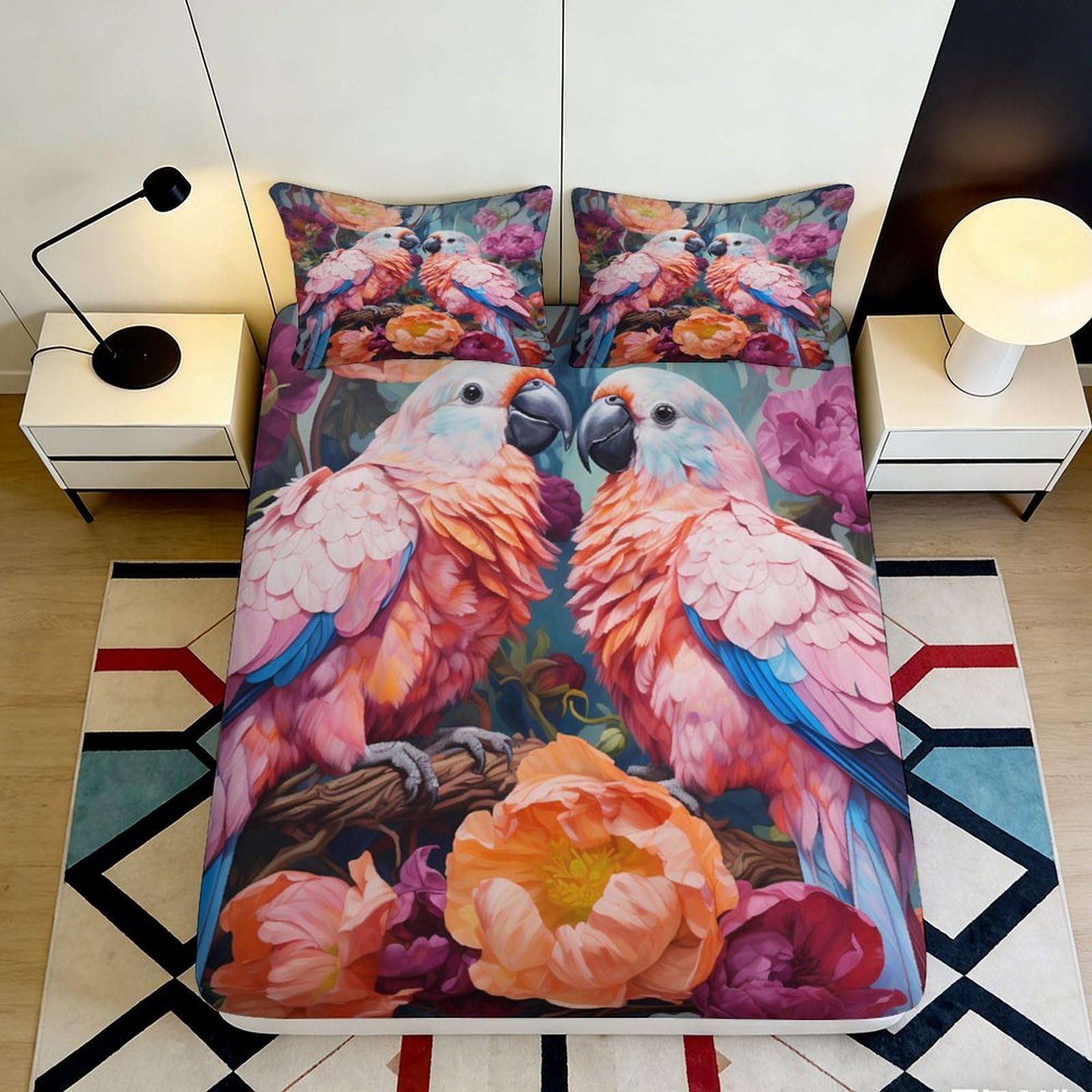 Vivid decor 3D Printed Parrot Fitted Sheet, Microfiber soft touch, wrinkle resistant, guest room bedding, easy care, floral style 90x200x25cm