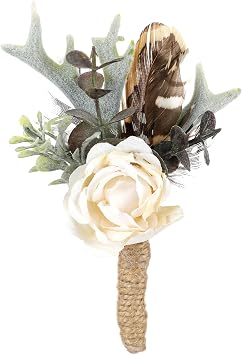 Rose Boutonniere for Men - Prom Boutonniere for Wedding Feather Rustic Boutonnieres for Groom Boho Corsage for Groomsmen Anniversary Formal Dinner Party Ceremony Celebration