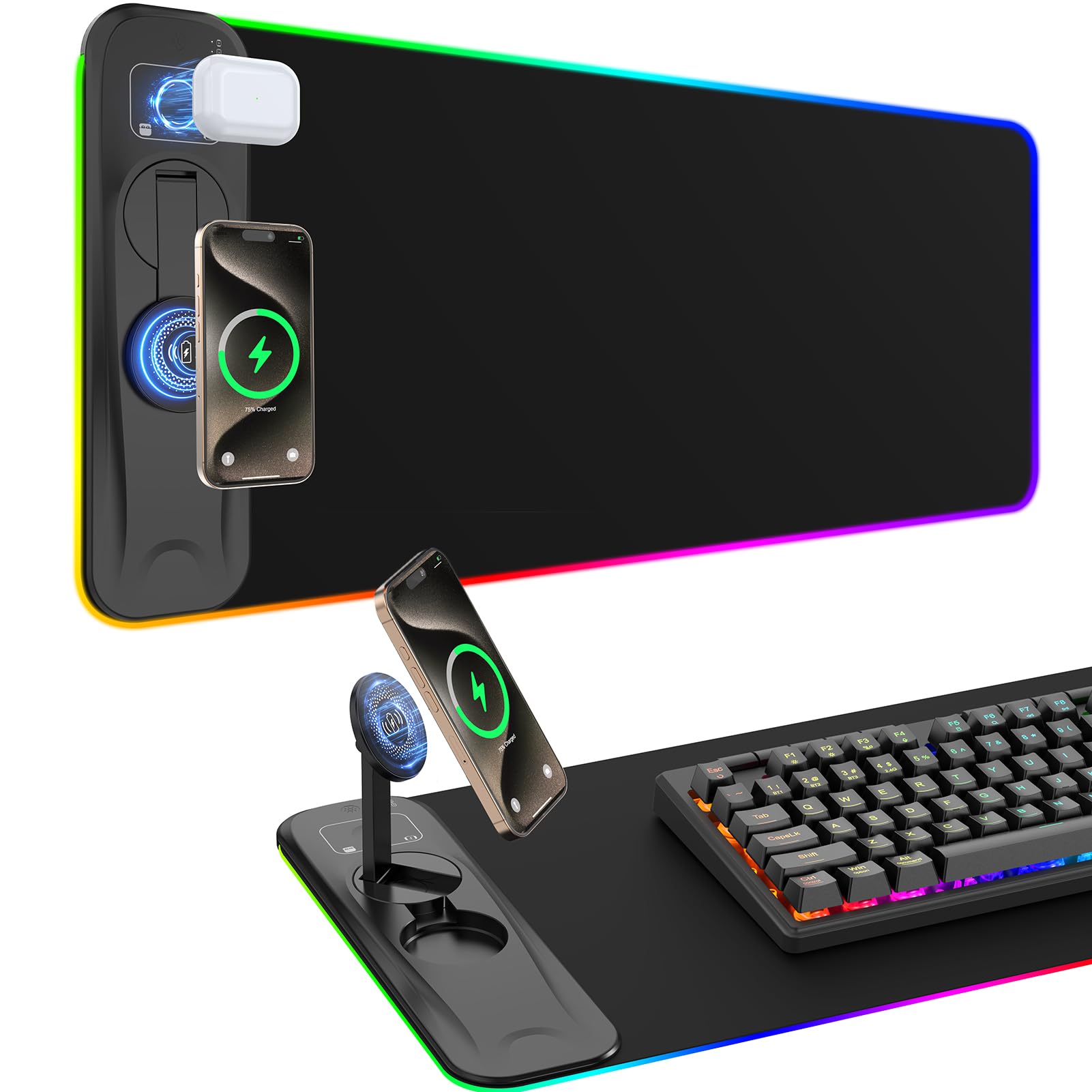 TARKARI Gaming Mouse Pad Wireless Charging Magnetic Rotating Phone Stand | RGB Desk Mat Extended Large LED Mouse Pad 800x300x4mm, Waterproof Non-Slip Keyboard Mat (Adapter Not Included)