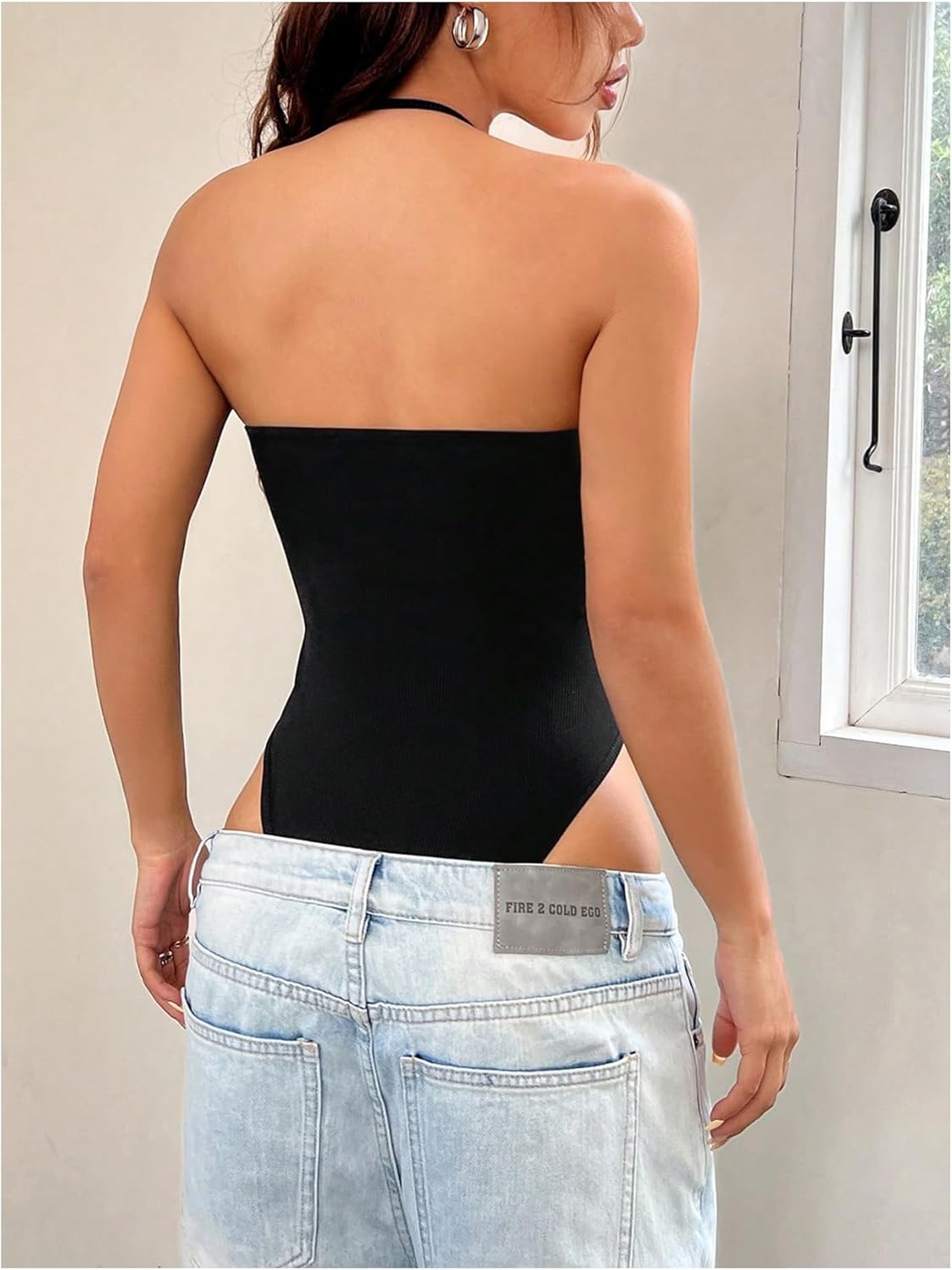 WDIRARA Women's Deep V Neck Sleeveless Halter Bodysuit Backless Leotard Cami Body Suit - Image 2