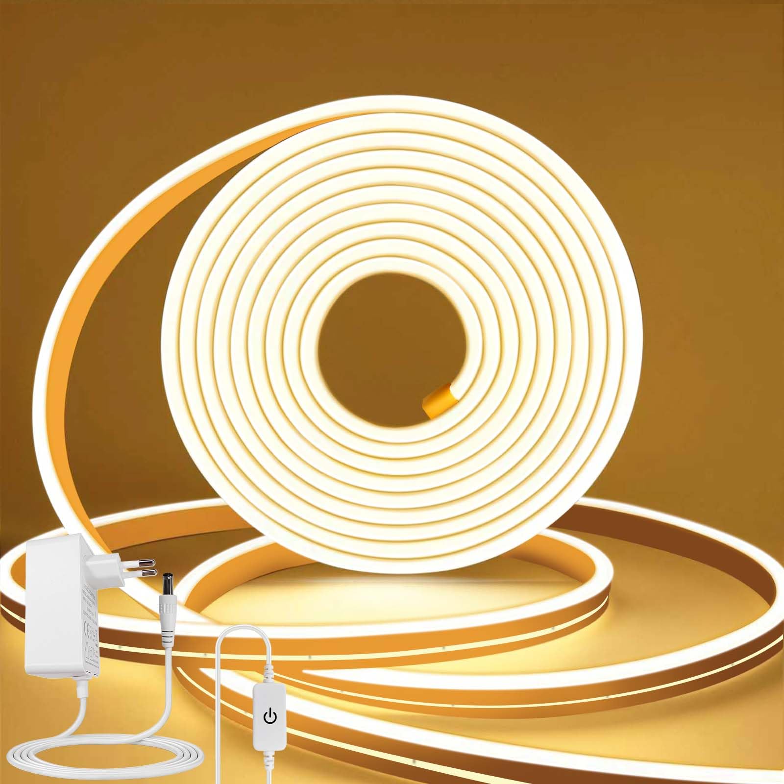 BRIMAX LED Neon Streifen Premium-Silikon 10M 3000K IP67 | Dimmbar & schneidbar, UV-beständiges Silikon-Gehäuse, inkl. 24V Netzteil, für Innen & Außen geeignet
