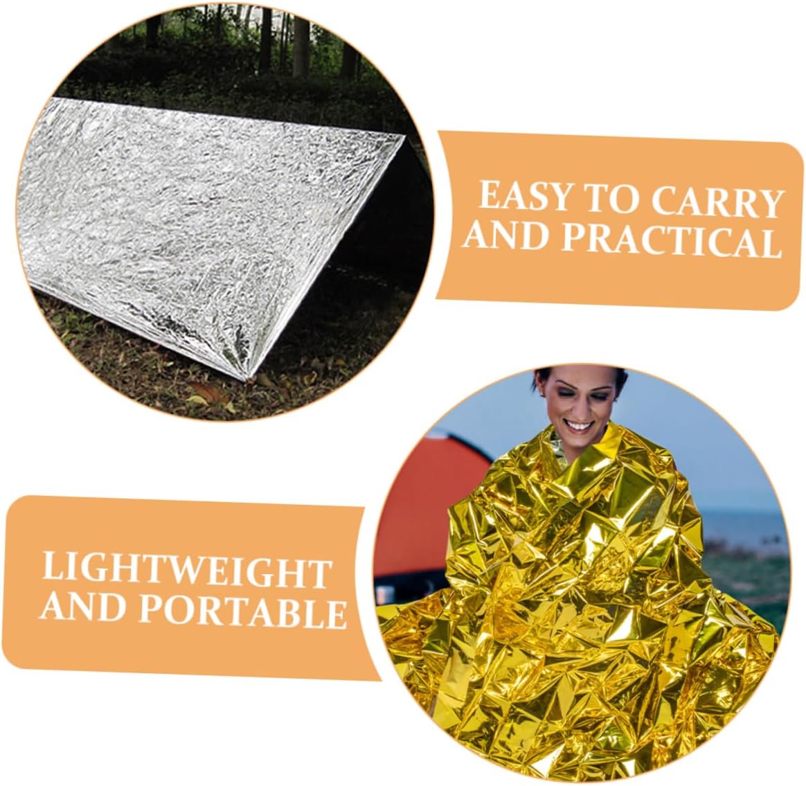 WOONEKY 2pcs Emergency Thermal Blankets Silver Gold Space Blankets for Camping Hiking Outdoor Survival UV Protection Lightweight Heat for Emergency Preparedness