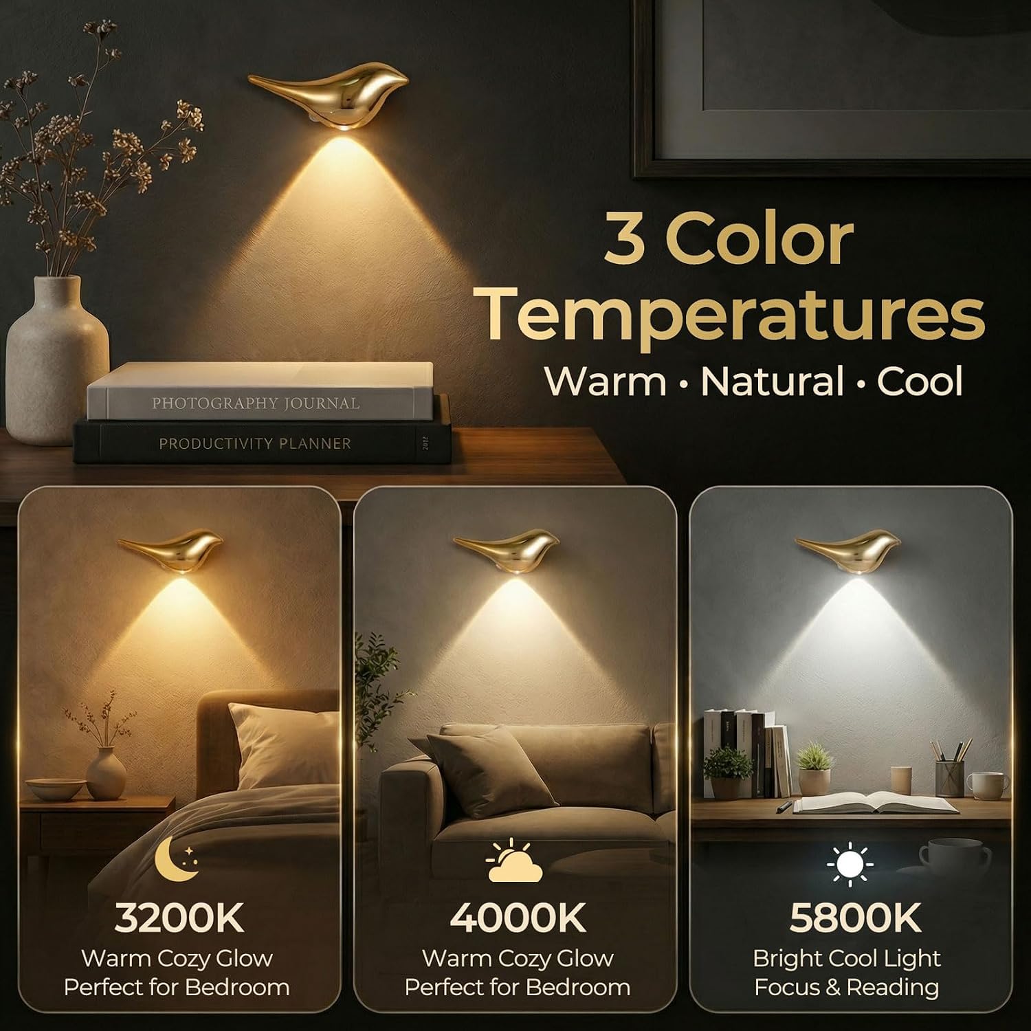 OOWOKS Lot de 2 veilleuses LED avec détecteur de mouvement lampe murale Otrom à batterie 3 couleurs intensité réglable applique murale dorée dintérieur sans raccordement électrique lampe descalier