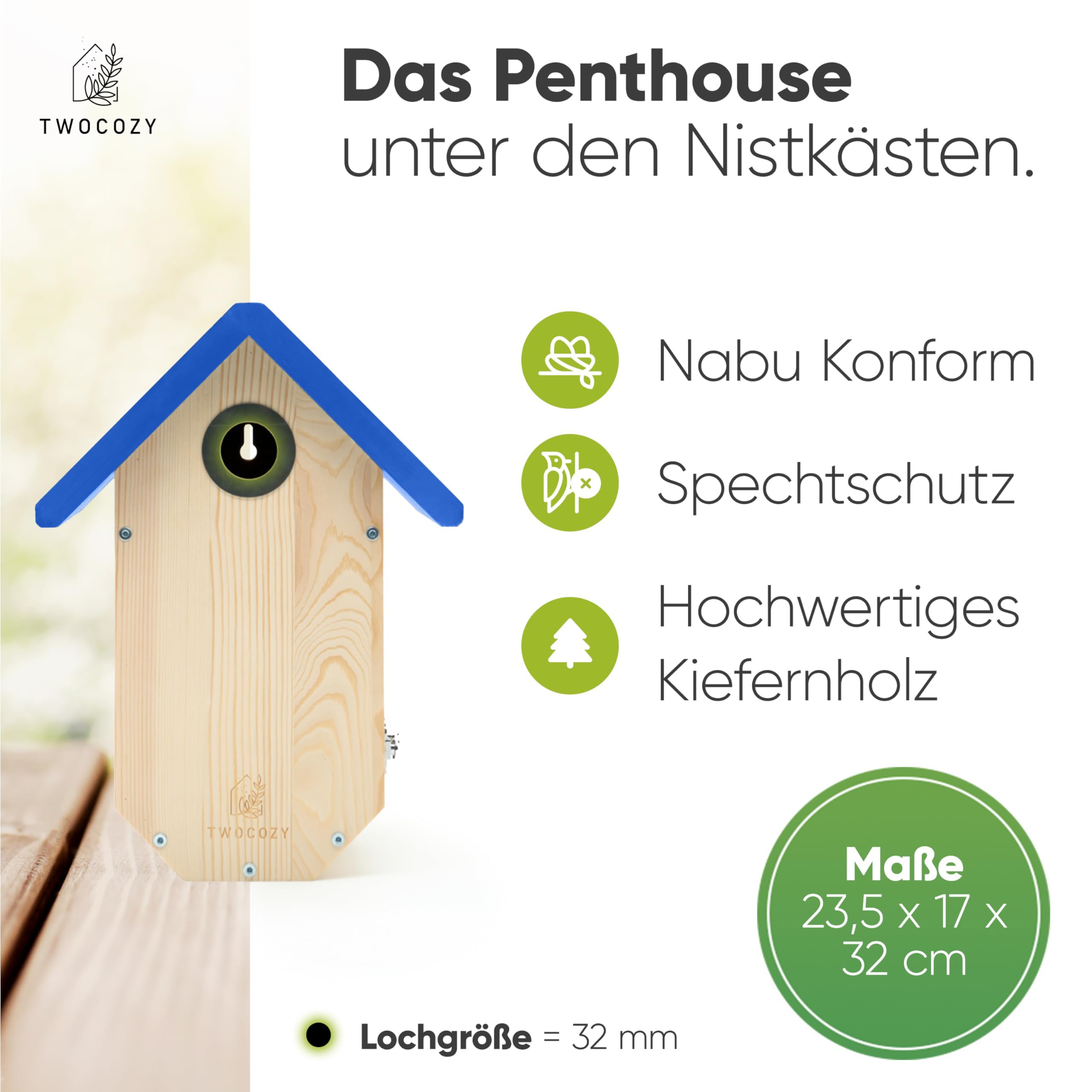 Premium Nistkasten für Meisen | Kohlmeisen [SPECHTSCHUTZ & NESTSCHUTZ] wetterfest & verschraubt | Maße NABU konform | Vogelhaus zum Aufhängen für Meisen - 32 mm (Blau, 17cm x 23,5cm x 32cm)