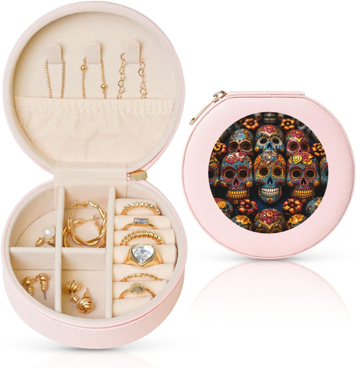 Travel Jewelry Box Leather Small Jewelry Organizer for Women,Portable Jewelry Case Colorful Sugar Skulls Display Storage Holder Boxes Mini Travel Case for Necklace Rings