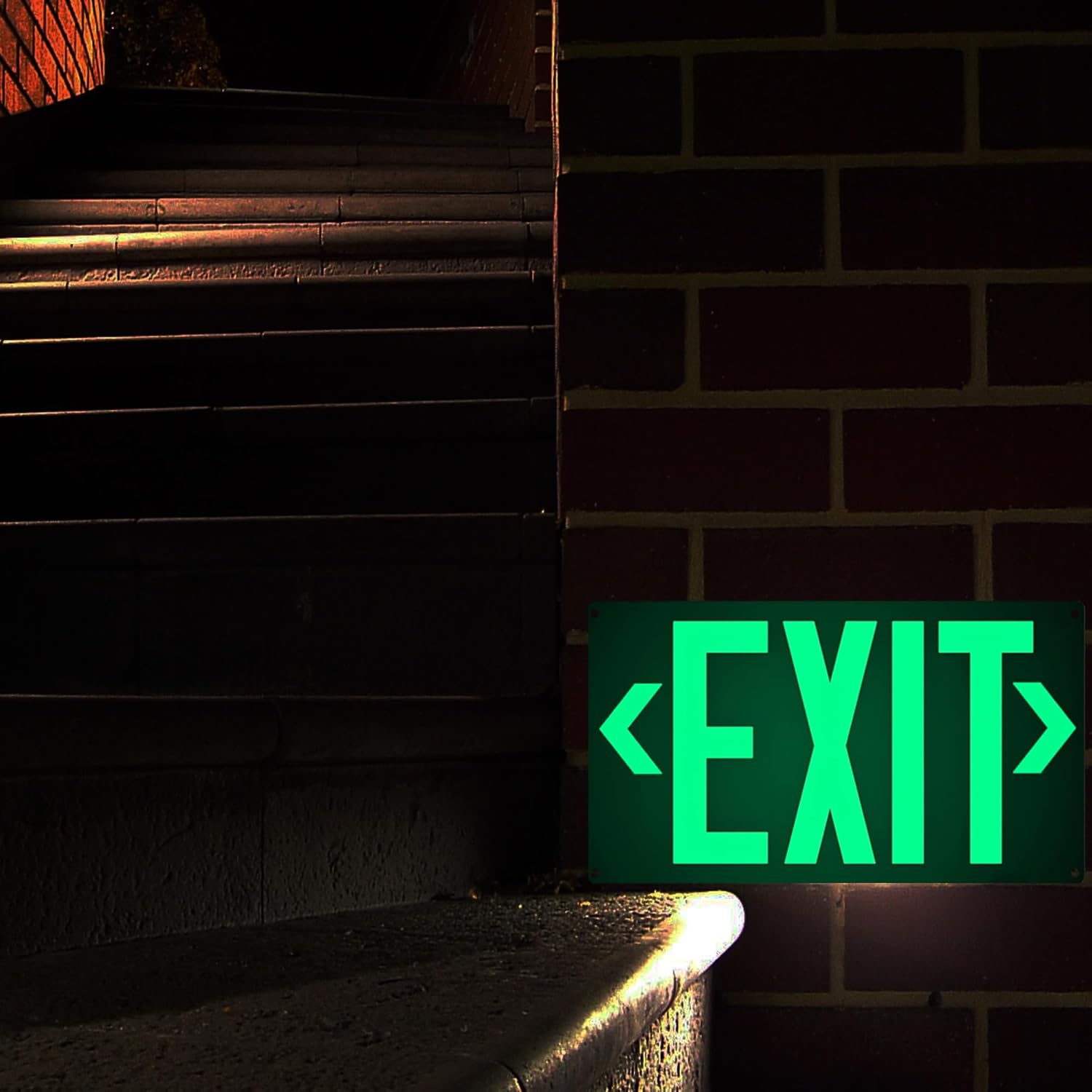 2Pack Photoluminescent Exit Sign Aluminum Green- Glow In The Dark Exit Sign 14.25 x 7.5 Inches with Adhesive Backing - Removable Arrows Included - Non Electrical Red Exit Light For 50 Feet Visibility