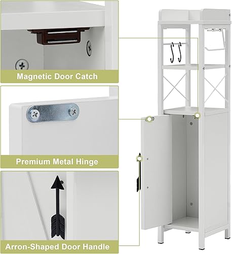 Miniatura 9 de VECELO Armario de baño pequeño, soporte delgado para papel higiénico con puerta y 2 estantes, organizador de almacenamiento estrecho mejorado para