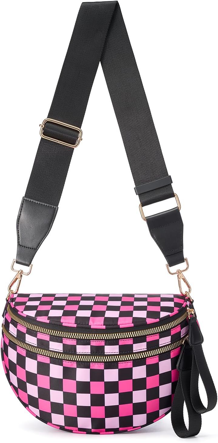 Black and White Checkered Crossbody Bag Bum Bag for Women,Spacious Checkered Purse Fanny Packs Belt Bag