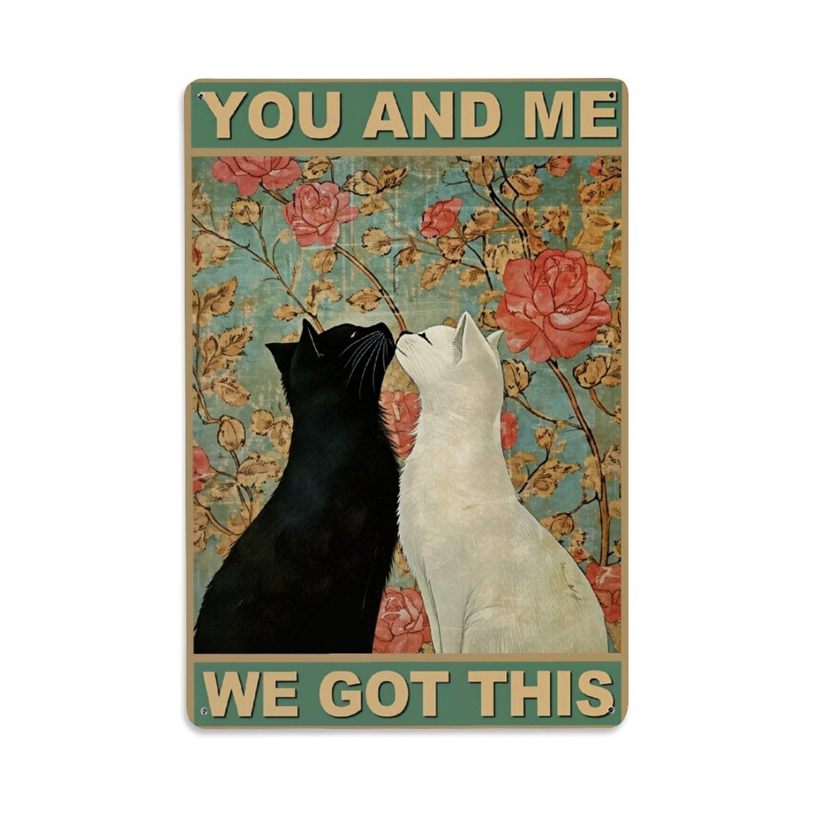 Enderetf Vintage Cats Roses Background Art Tin Sign Metal Poster, Home Bar Garage Man Cave Cafe Indoor & Outdoor Wall Decoration 8X12inches