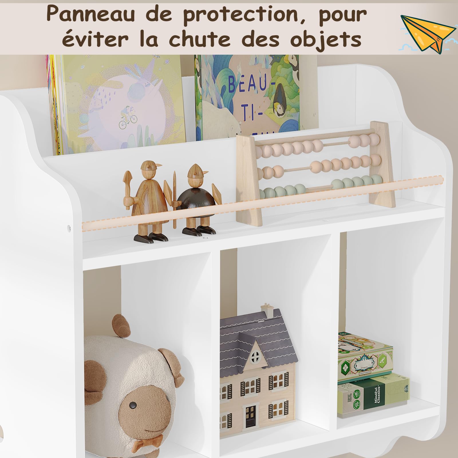 WOLTU Étagère Murale Enfant, Bibliothèque Murale, Bibliothèque Enfant, Étagère Livre Enfant avec 3 Compartiments Ouverts, 2 Étagères, 4 Crochets, en MDF et Bois Massif, Blanc