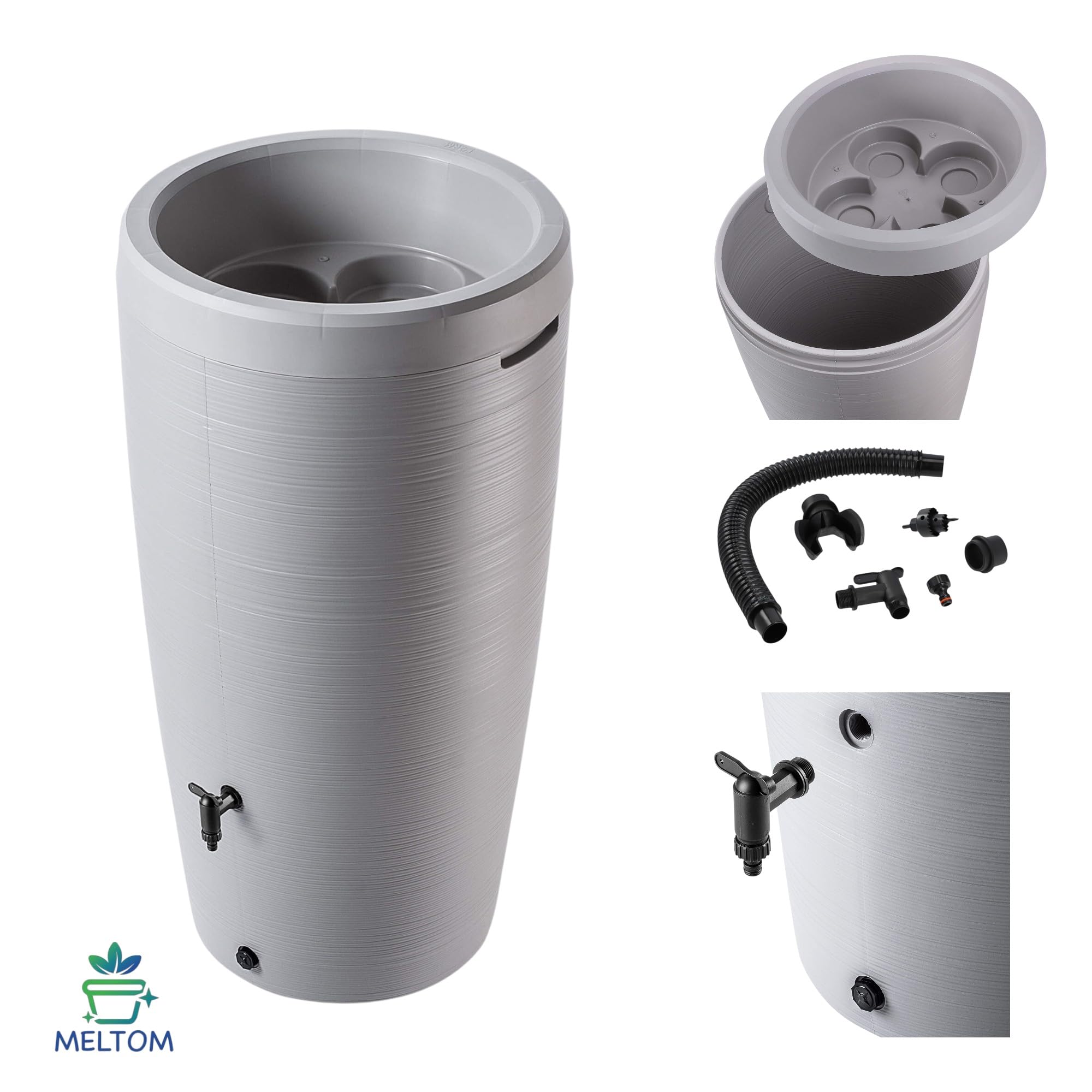 Regentonne mit Pflanzschale 2-in-1 240L – Wassertonne mit Auslaufhahn & Deckel – Regenfass mit Pflanzbereich – Wasserspeicher für Garten (Hellgrau)