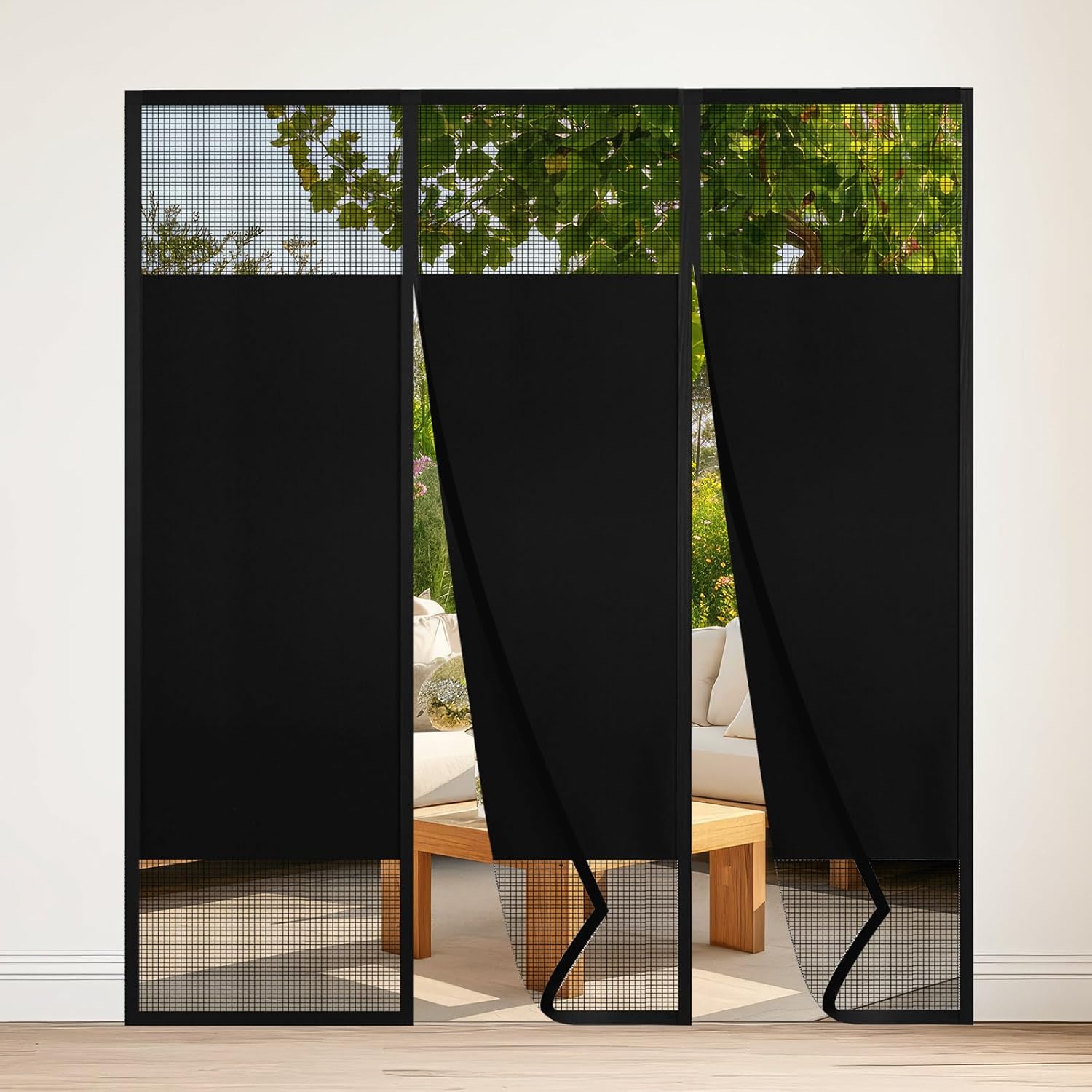 Privacy Magnetic Garage Door Screen for 2 Car Garage 16 x 7 ft Heavy Duty Weighted Bottom Screen Doors for Doorway to Keeps Bugs Out(16 * 7 ft,Three Doors)
