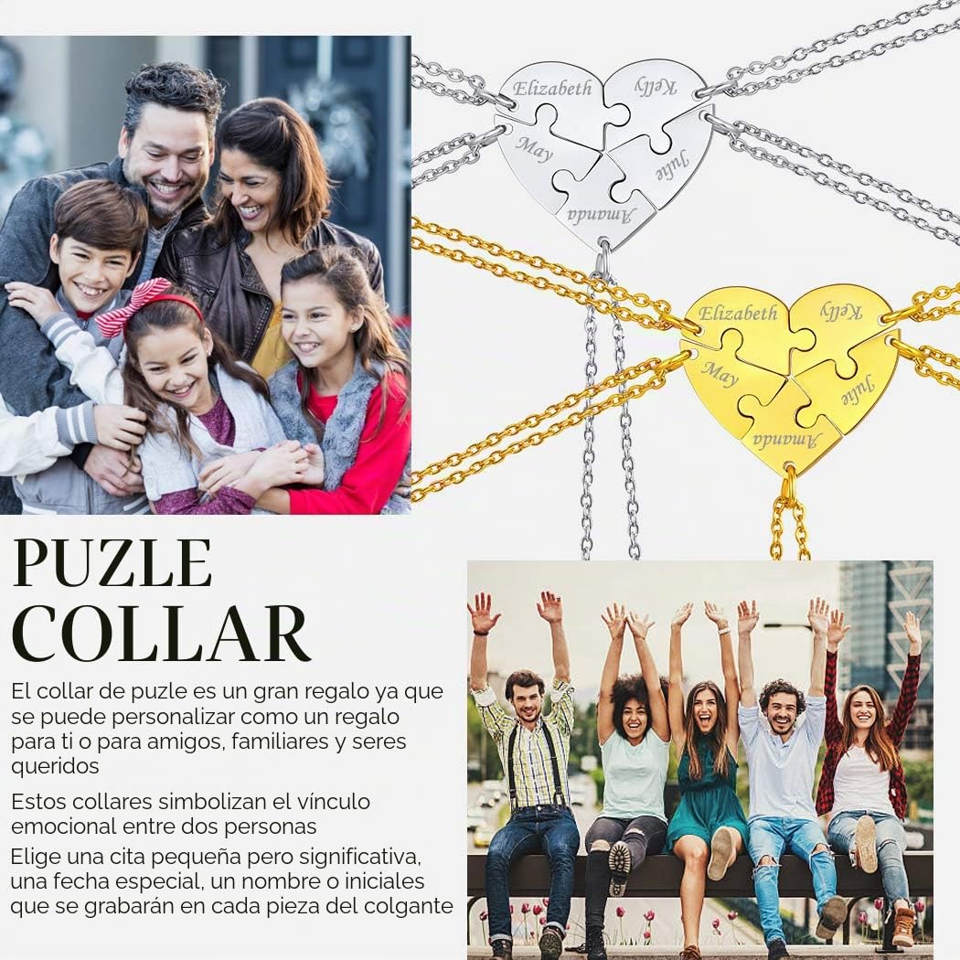 Suplight 2/3/4/5/6 Piezas Corazón Roto Collar Rompecabezas Puzzle Acero Inoxidable 316L, Colgante Personalizado para Parejas y Mejores Amigas con Nombres, Collar Romántico para Día Valentín Cumpleaños