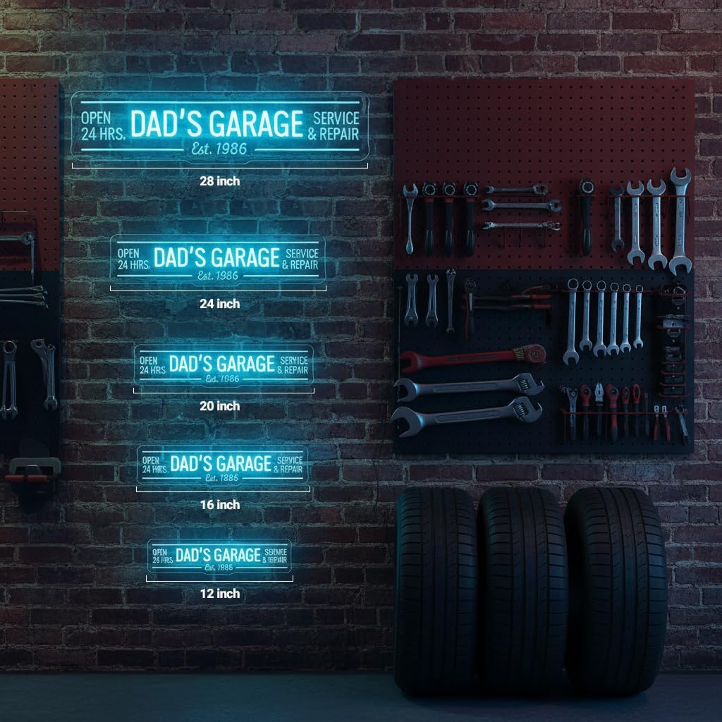 Custom Dad’s Garage LED Sign, Personalized Wall Decor for Man Cave Auto Repair Shop, Workshop Tool Room Light, Gift for Dad Father Men