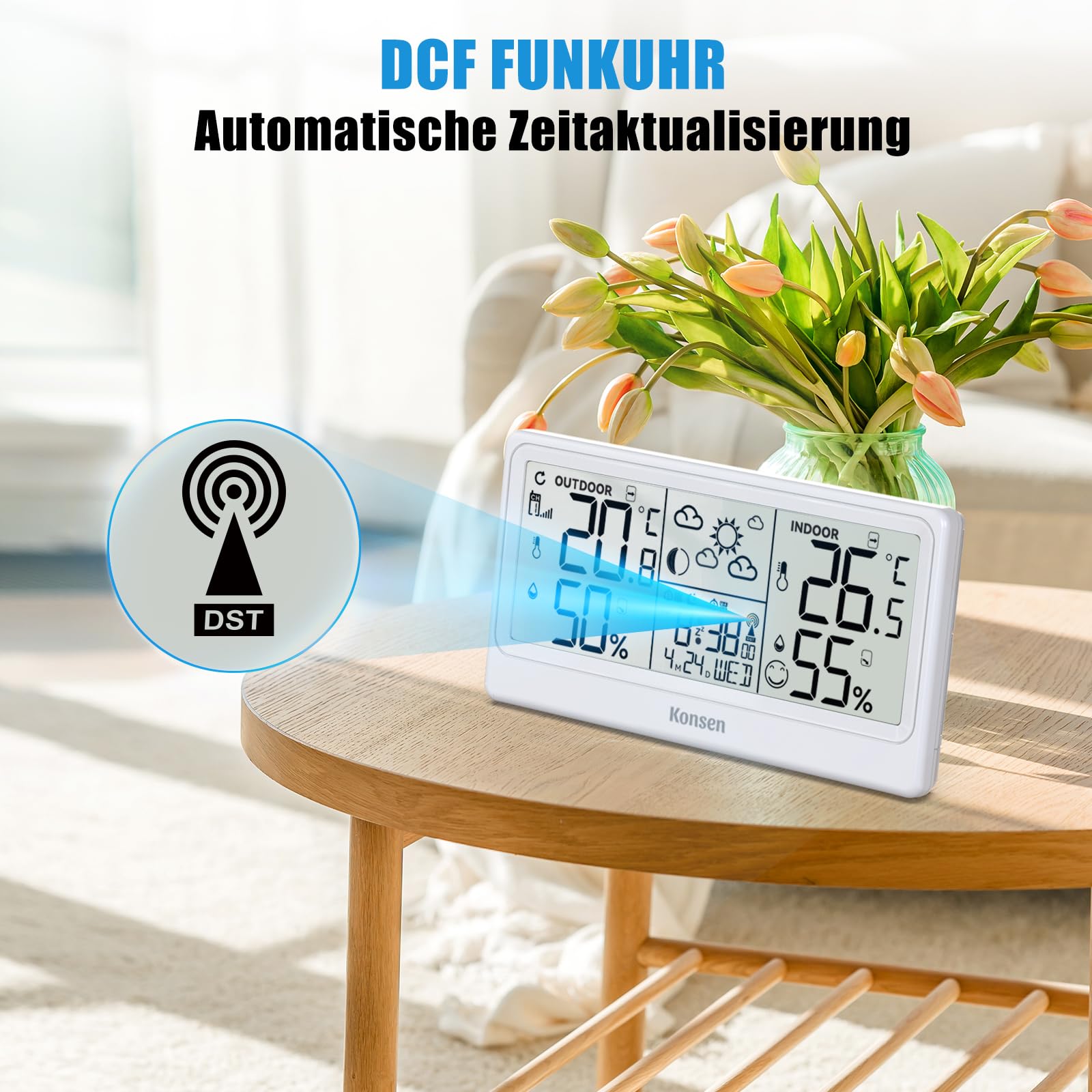 Konsen Funk-Wetterstation mit Außensensor – DCF Funkuhr, Digitales Thermo-Hygrometer (Batteriebetrieb) für Innen/Außen mit Wetterprognose, in Weiß