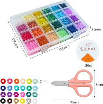 JTOOYS 3 mm 12000 adet cam boncuk seti, mini cam boncuklar, kendin yap bileklik, takı yapımı için, takı yapımı için, boncuk yapımı için 24 ızgaralı saklama kutusu, boncuk dizmek için boncuk ipi yapma seti