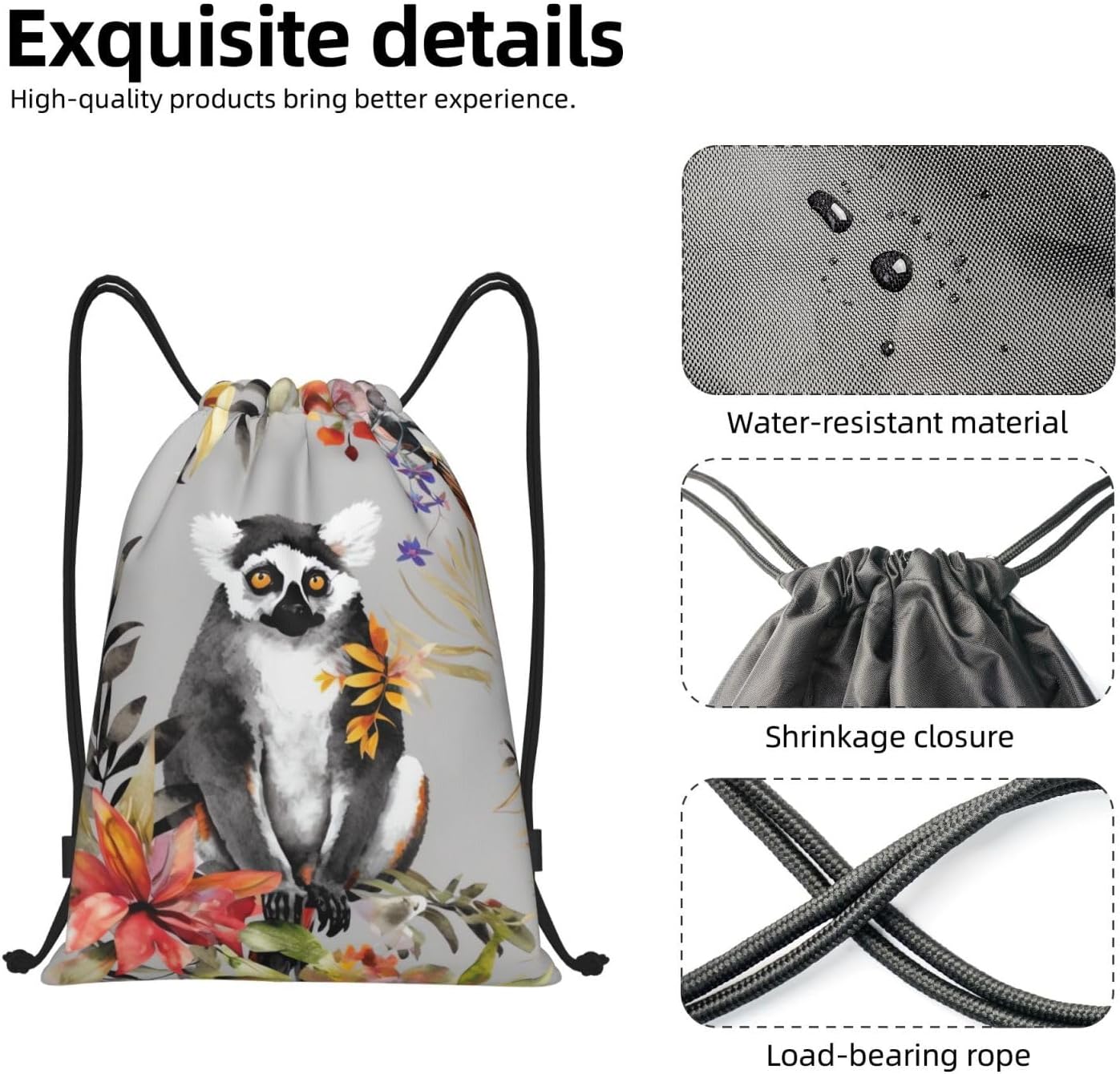 Animals Lemur Flowers Pattern Drawstring Bag Waterproof Gym Cinch Sack