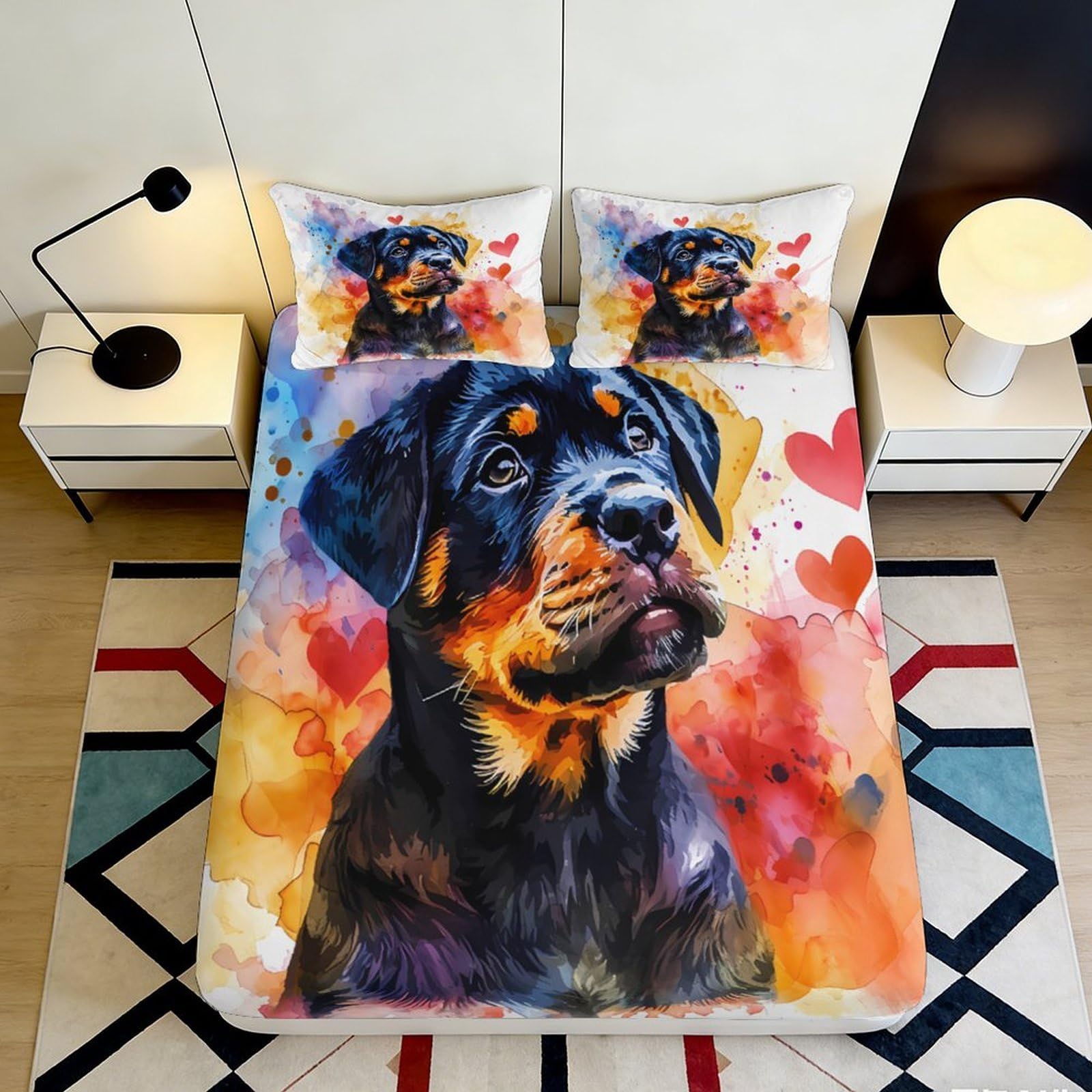 3D Printed Rottweiler Dog Fitted Sheet Microfiber Colorful Art Bed Cover for Bedroom Guest Room Mattress Decor 90x200x25cm