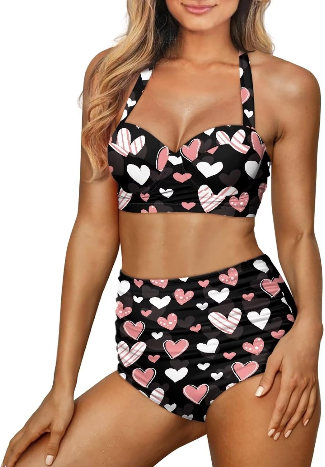 Women Two Piece Swimsuit High Waisted Push Up Bikini Sets Tummy Control Bathing Suit Plus Size Halter Swimwear S-2XL