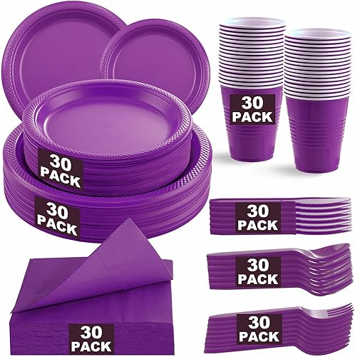 WELLIFE 210 piezas de suministros de fiesta morados, juego de vajilla de plástico morado, incluye platos y servilletas de plástico morado, cubiertos