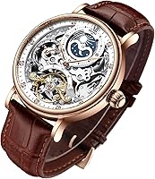 IKCOLOURING Bestn Men's Skeleton Automatic Mechanical Watch - Luminous Hands, Moon Phase, Leather Strap, 30M WR