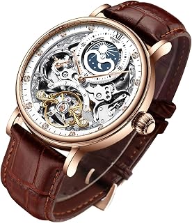 IKCOLOURING Bestn Men's Skeleton Automatic Mechanical Watch - Luminous Hands, Moon Phase, Leather Strap, 30M WR